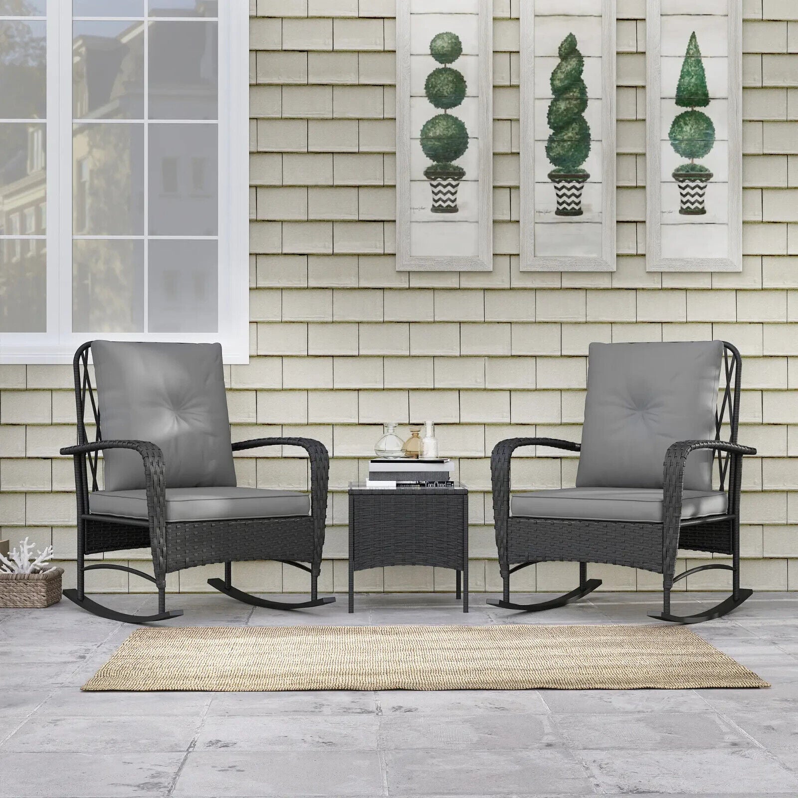 3 Piece Rattan Bistro Set with Rocking Chairs & Coffee Tabl Outdoor Garden Black - Home and Garden Furniture Shop - #rustic - furniture#