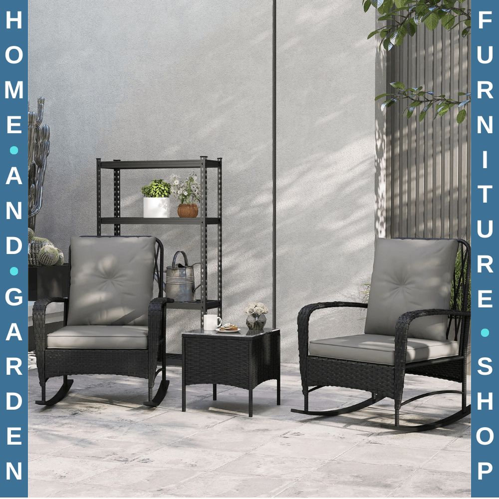 3 Piece Rattan Bistro Set with Rocking Chairs & Coffee Tabl Outdoor Garden Black - Home and Garden Furniture Shop - #rustic - furniture#