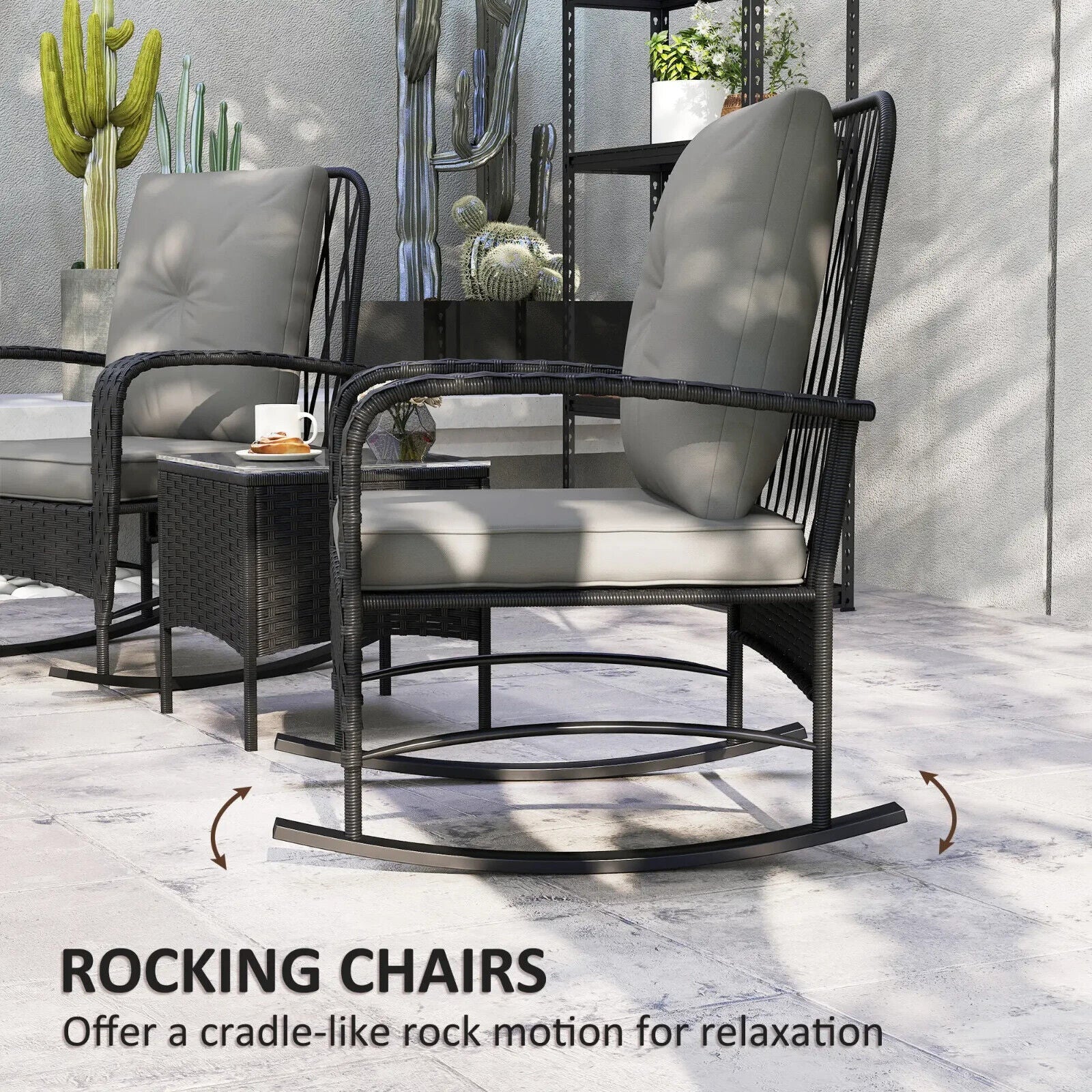 3 Piece Rattan Bistro Set with Rocking Chairs & Coffee Tabl Outdoor Garden Black - Home and Garden Furniture Shop - #rustic - furniture#