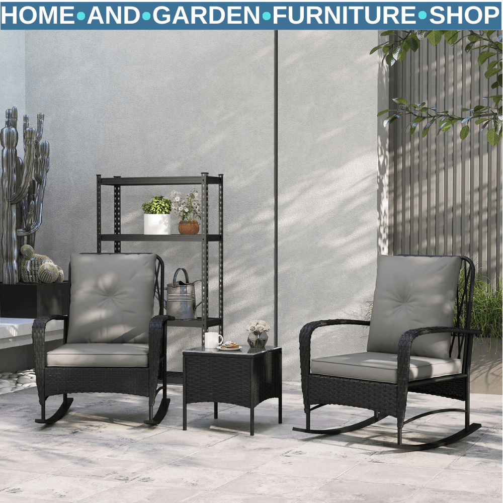 3 Piece Rattan Bistro Set with Rocking Chairs & Coffee Tabl Outdoor Garden Black - Home and Garden Furniture Shop - #rustic - furniture#