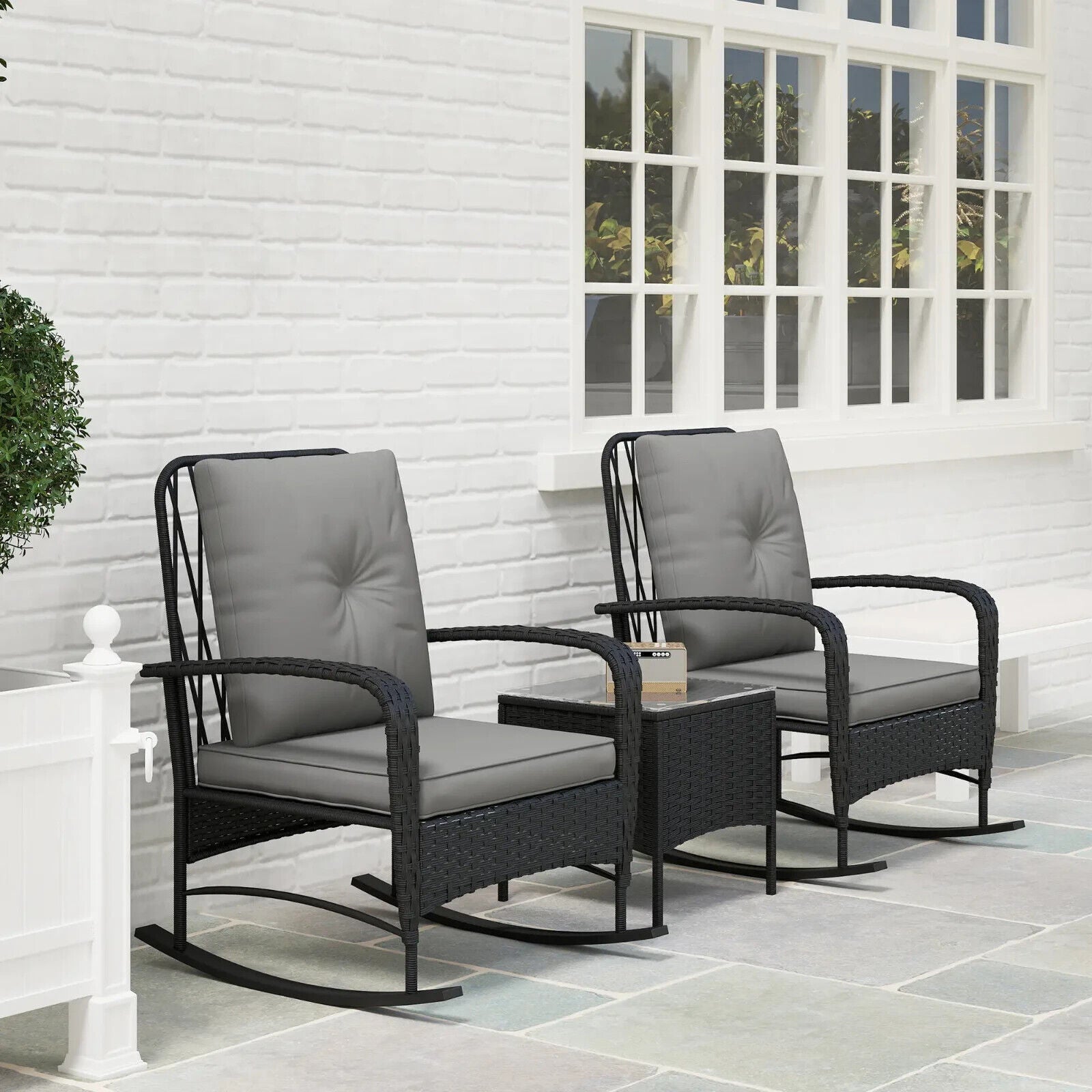 3 Piece Rattan Bistro Set with Rocking Chairs & Coffee Tabl Outdoor Garden Black - Home and Garden Furniture Shop - #rustic - furniture#