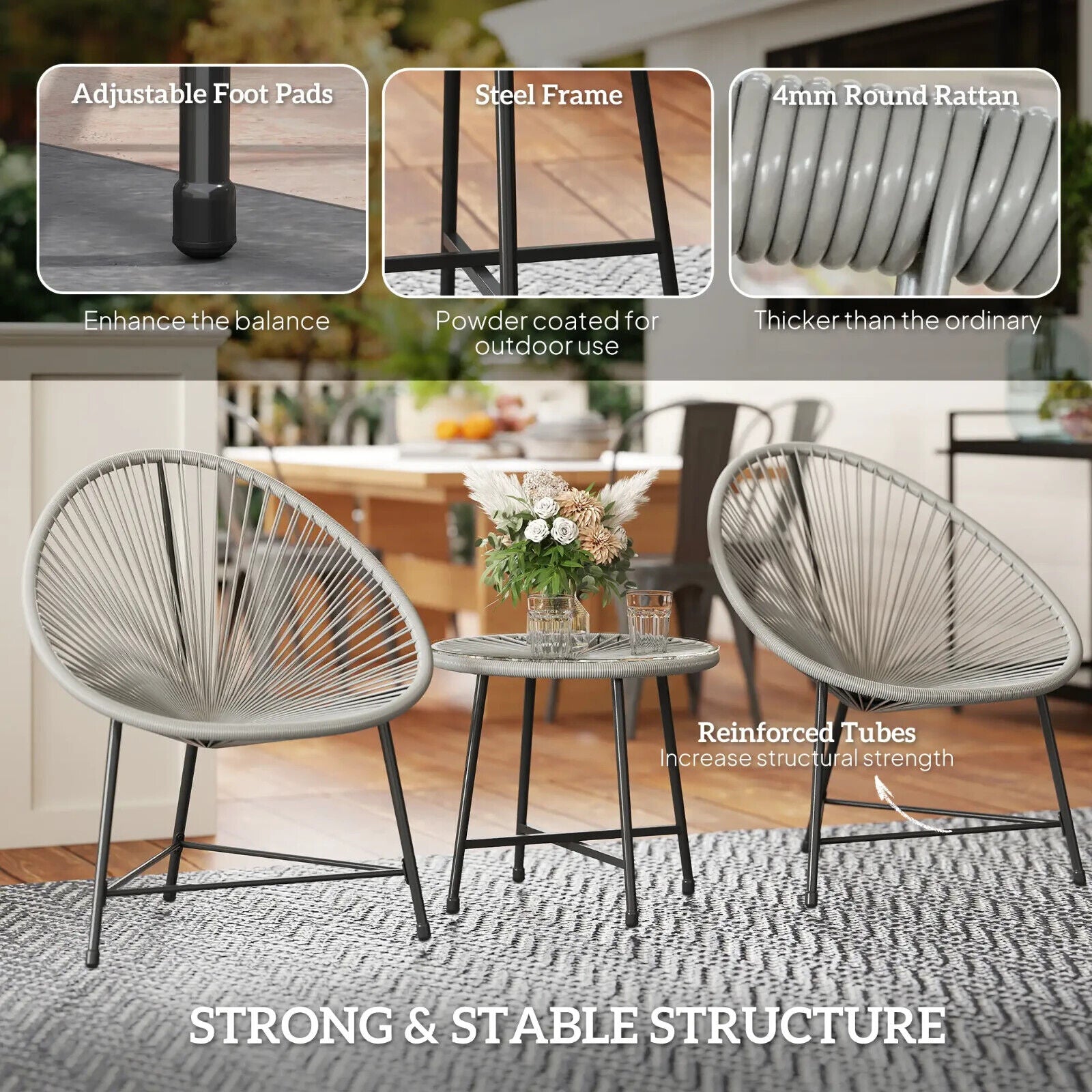 3 Piece Rattan Garden Bistro Set with Acapulco Chairs and Glass Top Table Grey - Home and Garden Furniture Shop - #rustic - furniture#