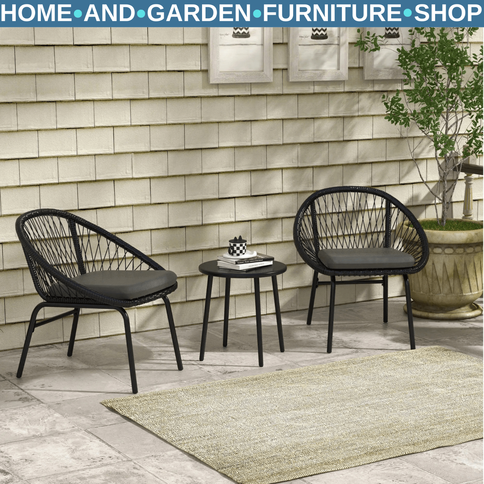 3 Piece Rattan Garden Bistro Set with Cushions 2 Armchairs & Round Coffee Table - Home and Garden Furniture Shop - #rustic - furniture#