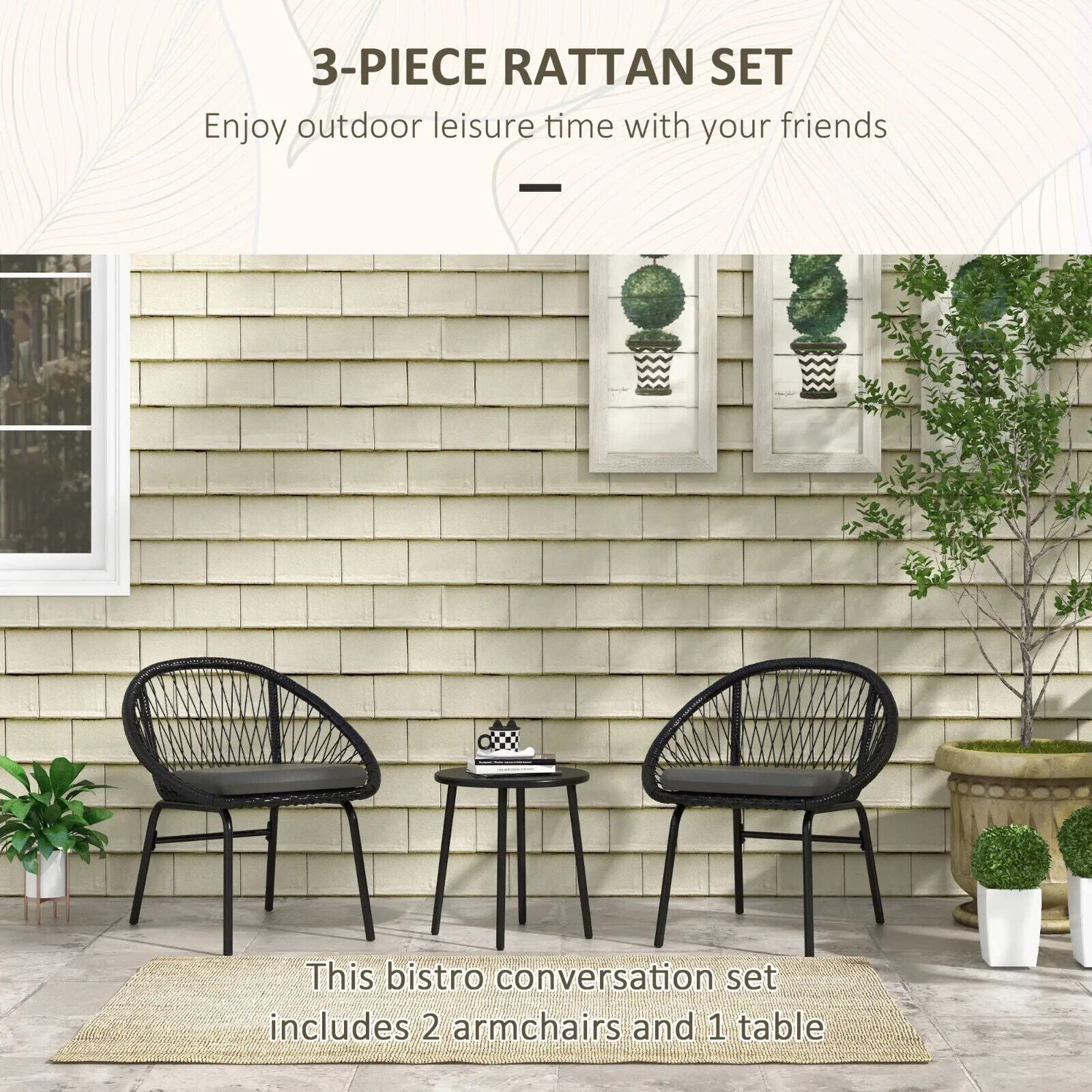 3 Piece Rattan Garden Bistro Set with Cushions 2 Armchairs & Round Coffee Table - Home and Garden Furniture Shop - #rustic - furniture#
