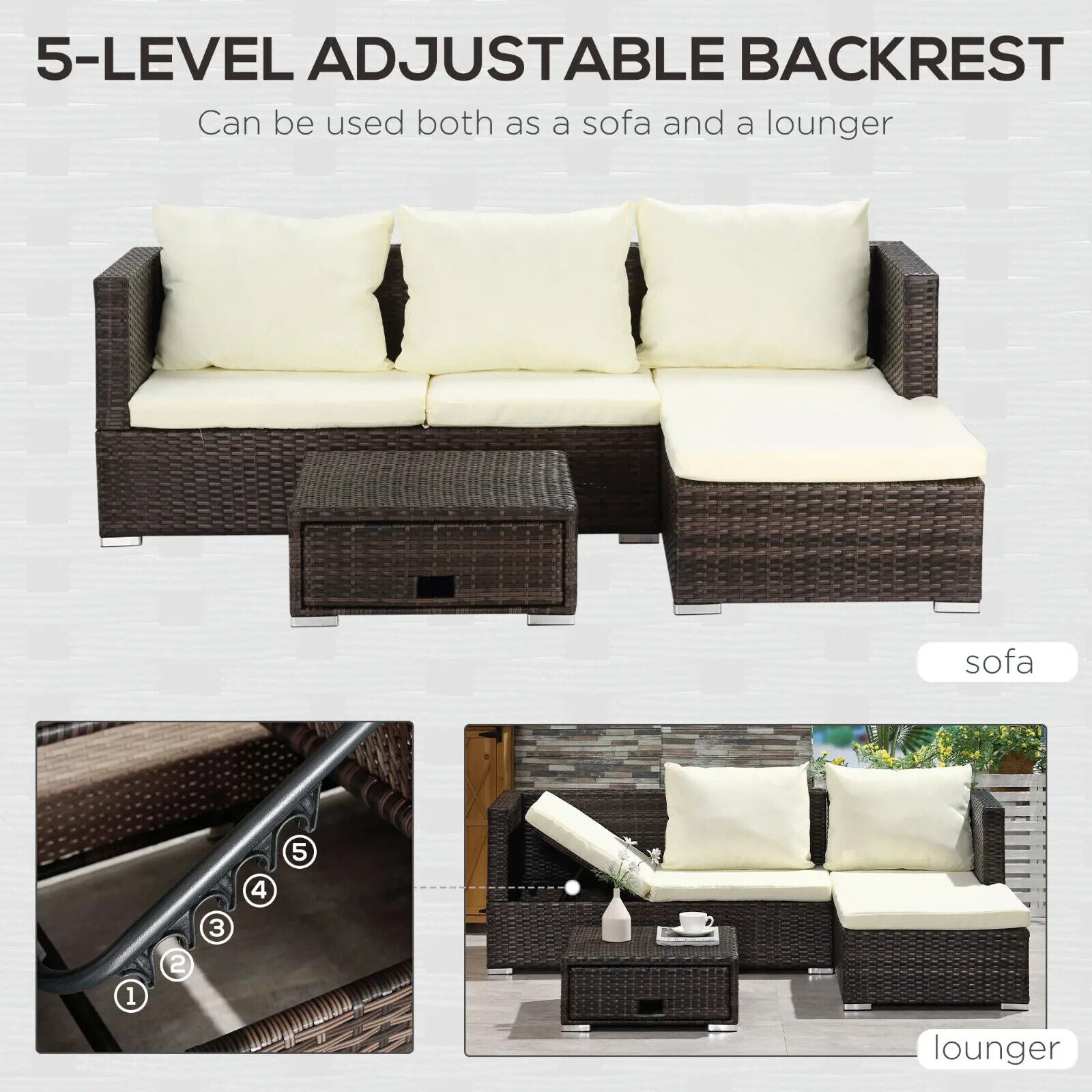 3 Piece Rattan Garden Furniture Sofa Set with Storage Coffee Table Sun Lounger - Home and Garden Furniture Shop - #rustic - furniture#
