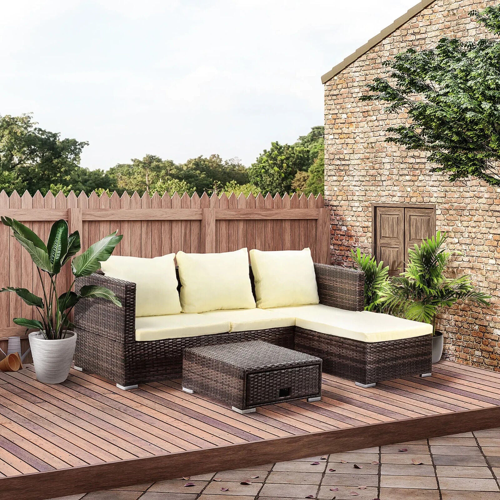 3 Piece Rattan Garden Furniture Sofa Set with Storage Coffee Table Sun Lounger - Home and Garden Furniture Shop - #rustic - furniture#