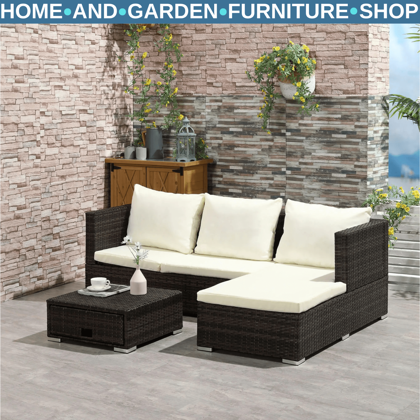 3 Piece Rattan Garden Furniture Sofa Set with Storage Coffee Table Sun Lounger - Home and Garden Furniture Shop - #rustic - furniture#