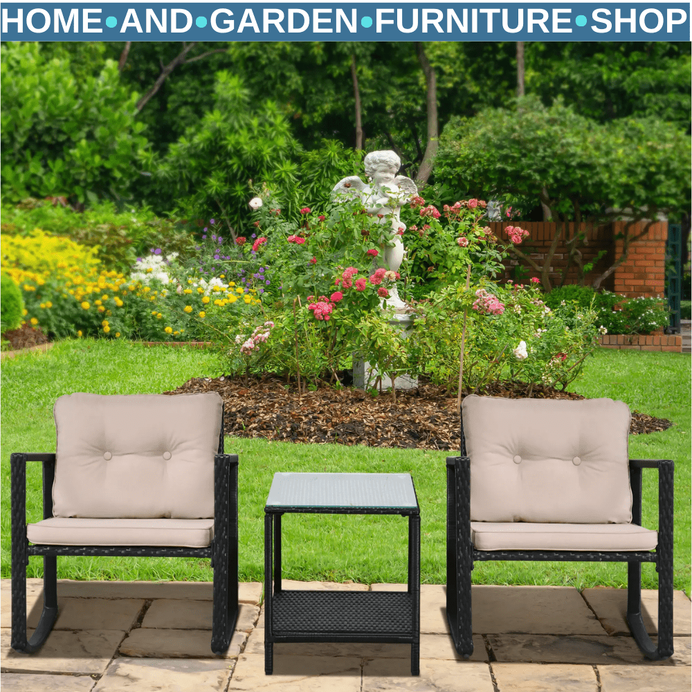 3 - Piece Rattan Garden Rocking Chair Set with Cushions and Glass Top Table - Home and Garden Furniture Shop - #rustic - furniture#