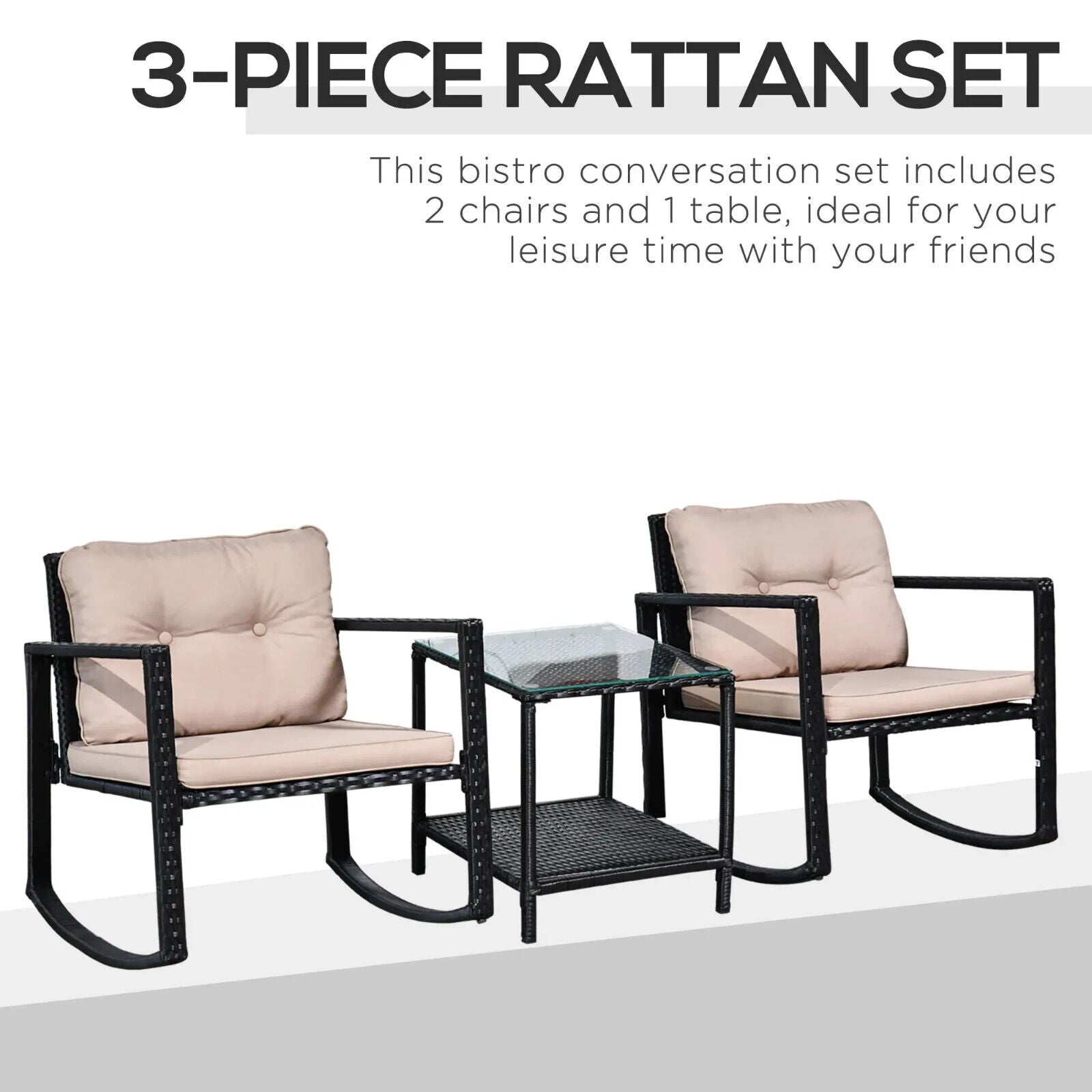 3 - Piece Rattan Garden Rocking Chair Set with Cushions and Glass Top Table - Home and Garden Furniture Shop - #rustic - furniture#