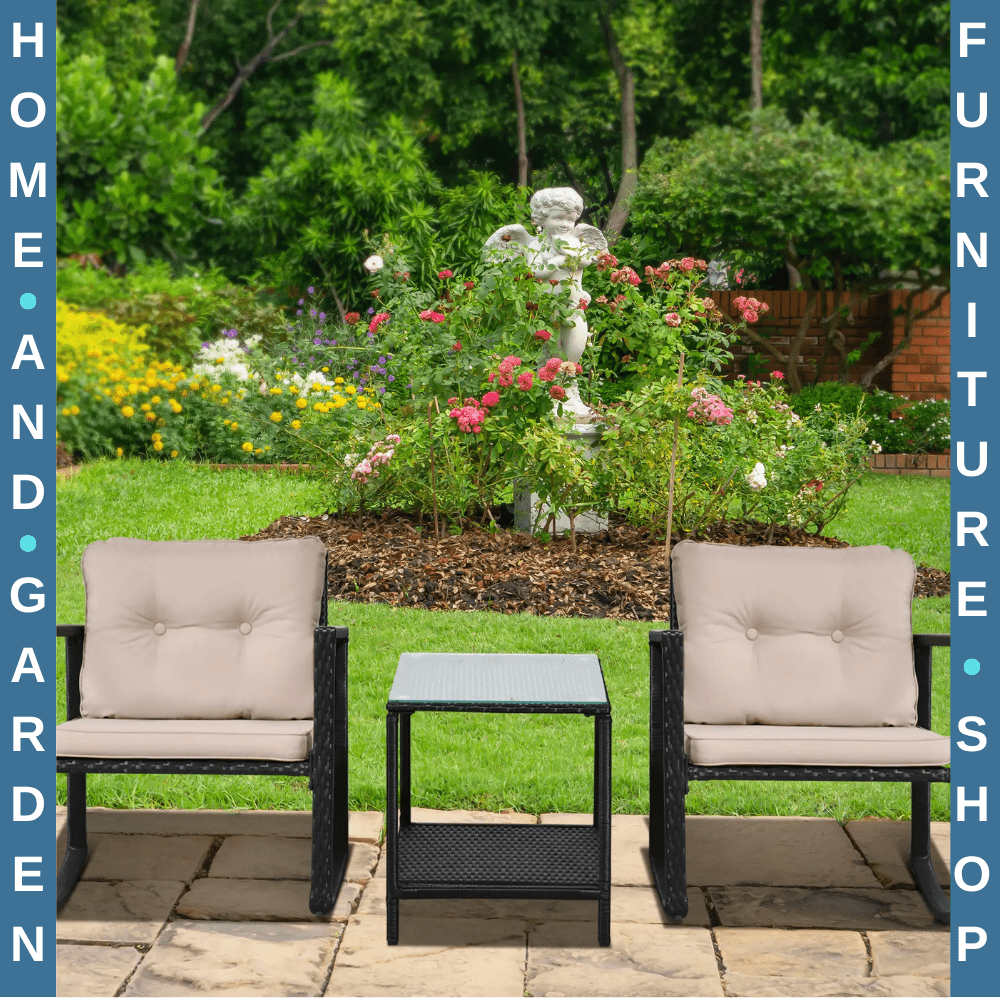 3 - Piece Rattan Garden Rocking Chair Set with Cushions and Glass Top Table - Home and Garden Furniture Shop - #rustic - furniture#