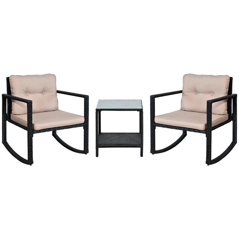 3 - Piece Rattan Garden Rocking Chair Set with Cushions and Glass Top Table - Home and Garden Furniture Shop - #rustic - furniture#