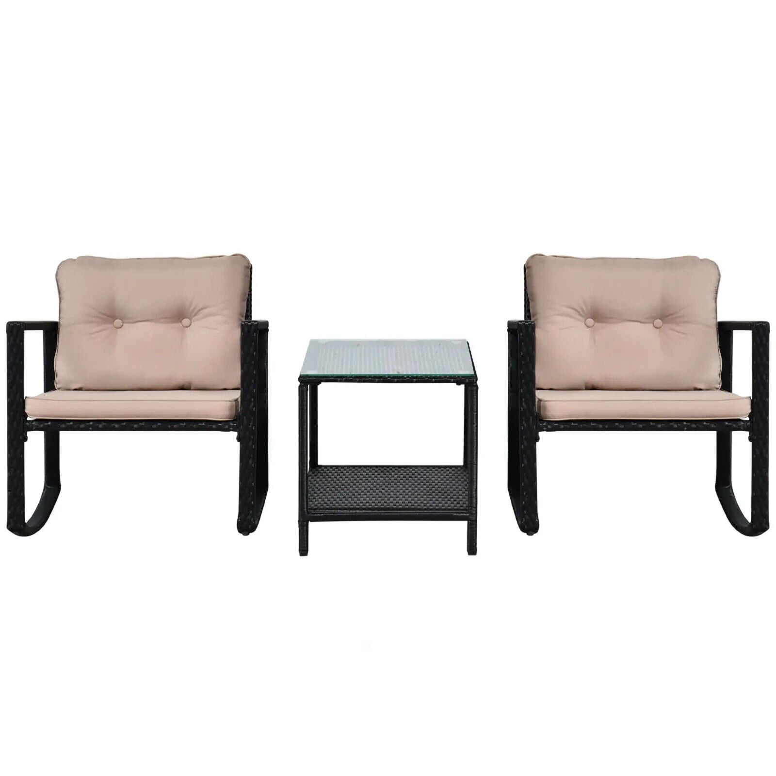 3 - Piece Rattan Garden Rocking Chair Set with Cushions and Glass Top Table - Home and Garden Furniture Shop - #rustic - furniture#