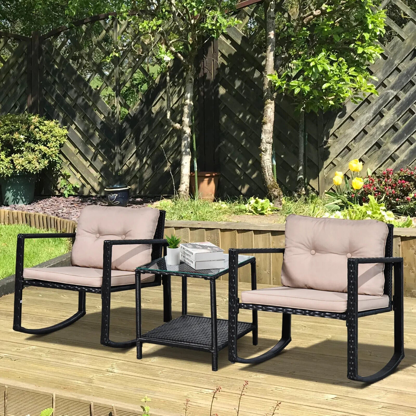 3 - Piece Rattan Garden Rocking Chair Set with Cushions and Glass Top Table - Home and Garden Furniture Shop - #rustic - furniture#