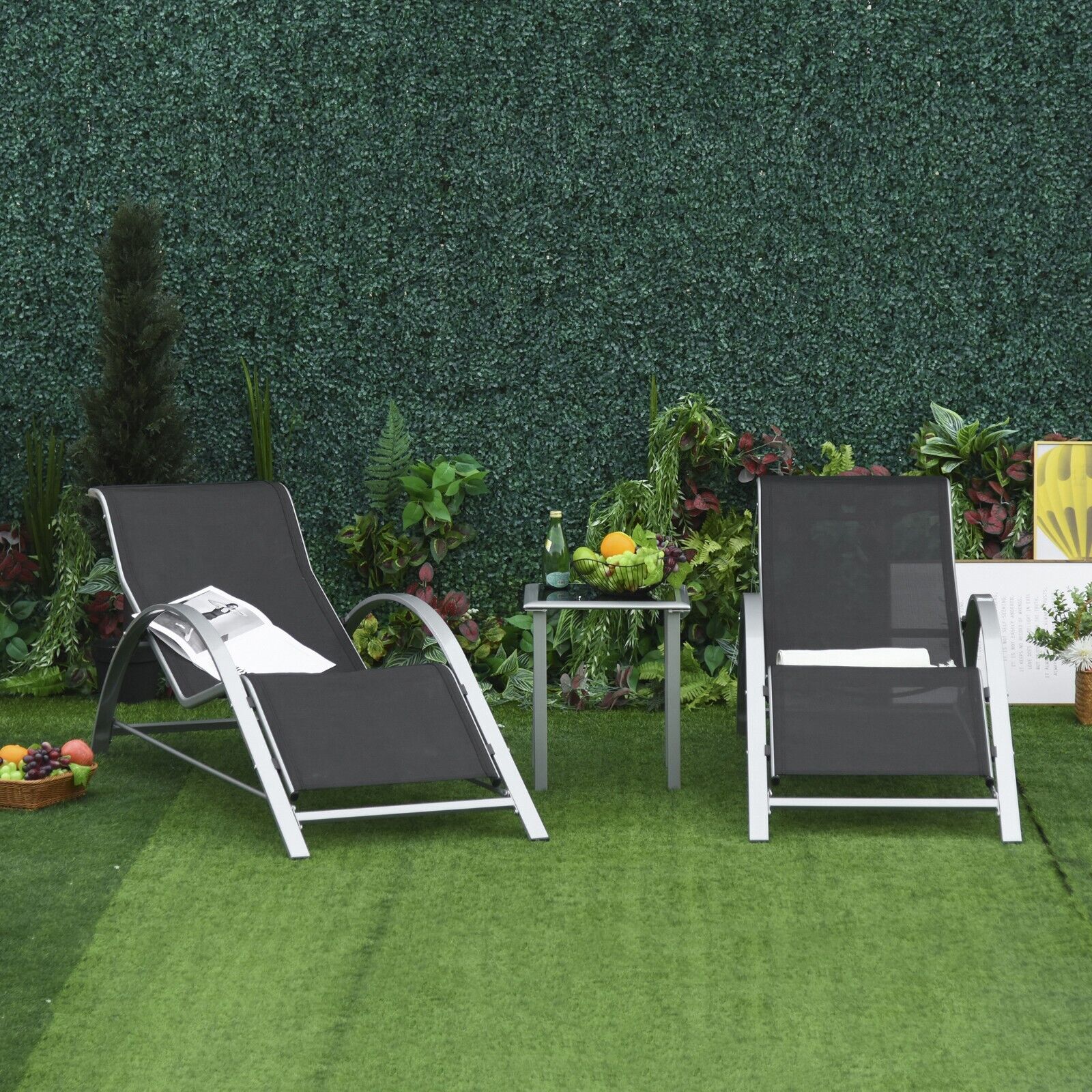 3 Piece Rattan Lounge Chair Set Garden Sunbathing Chairs With Side Table Black - Home and Garden Furniture Shop - #rustic - furniture#