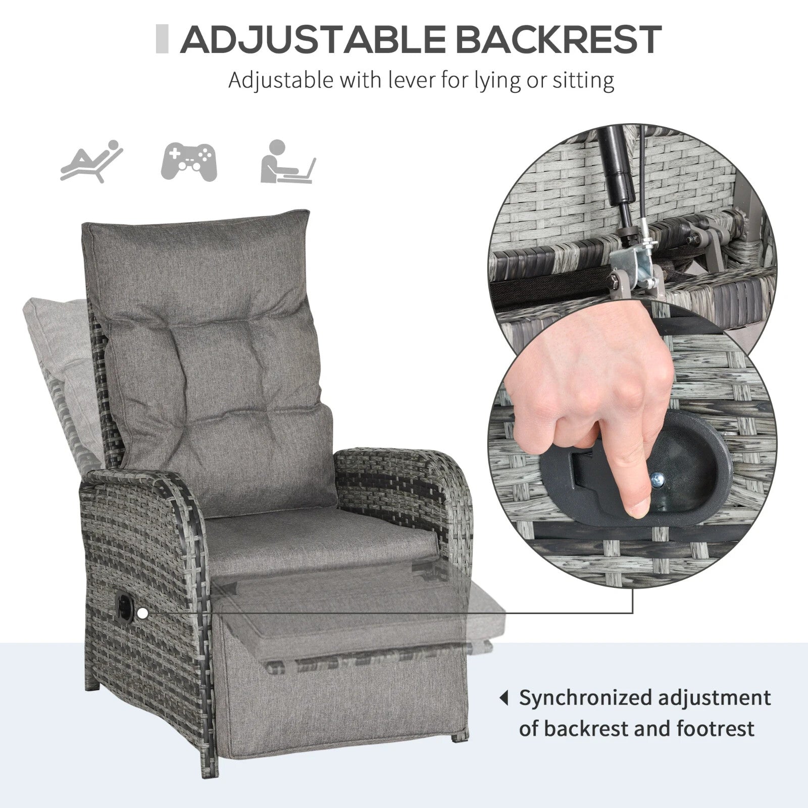 3 - Piece Rattan Sofa Set Patio Furniture with Cushions & Chaise Longue Mixed Grey - Home and Garden Furniture Shop - rustic - furniture