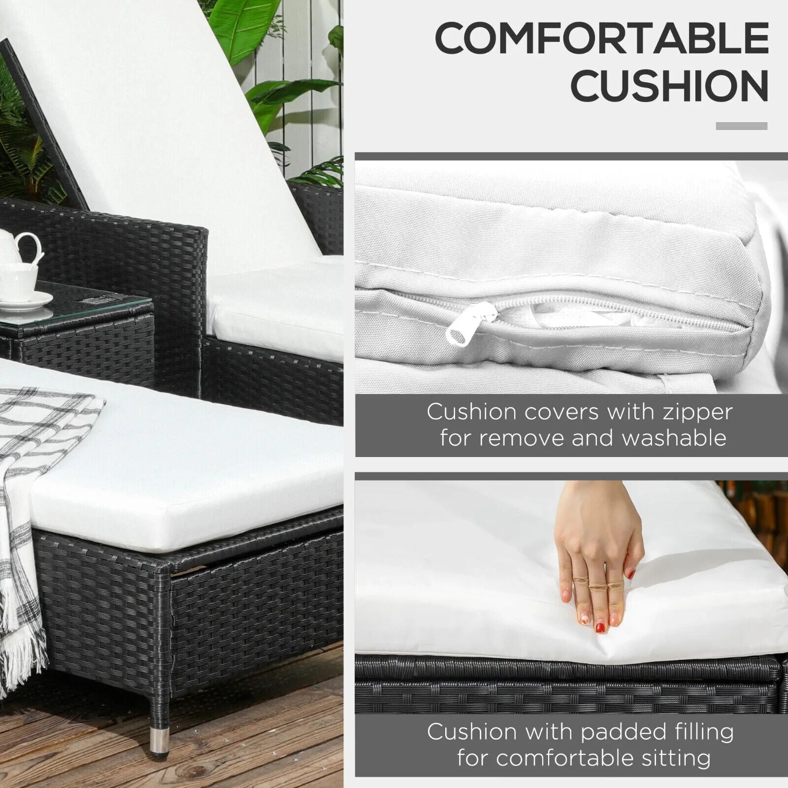 3 Piece Rattan Sun Lounger Patio Chaise Lounge Set With Cushions Adjustable Back - Home and Garden Furniture Shop - #rustic - furniture#