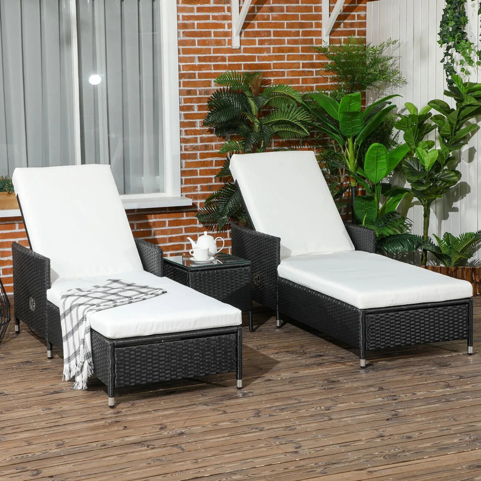 3 Piece Rattan Sun Lounger Patio Chaise Lounge Set With Cushions Adjustable Back - Home and Garden Furniture Shop - #rustic - furniture#