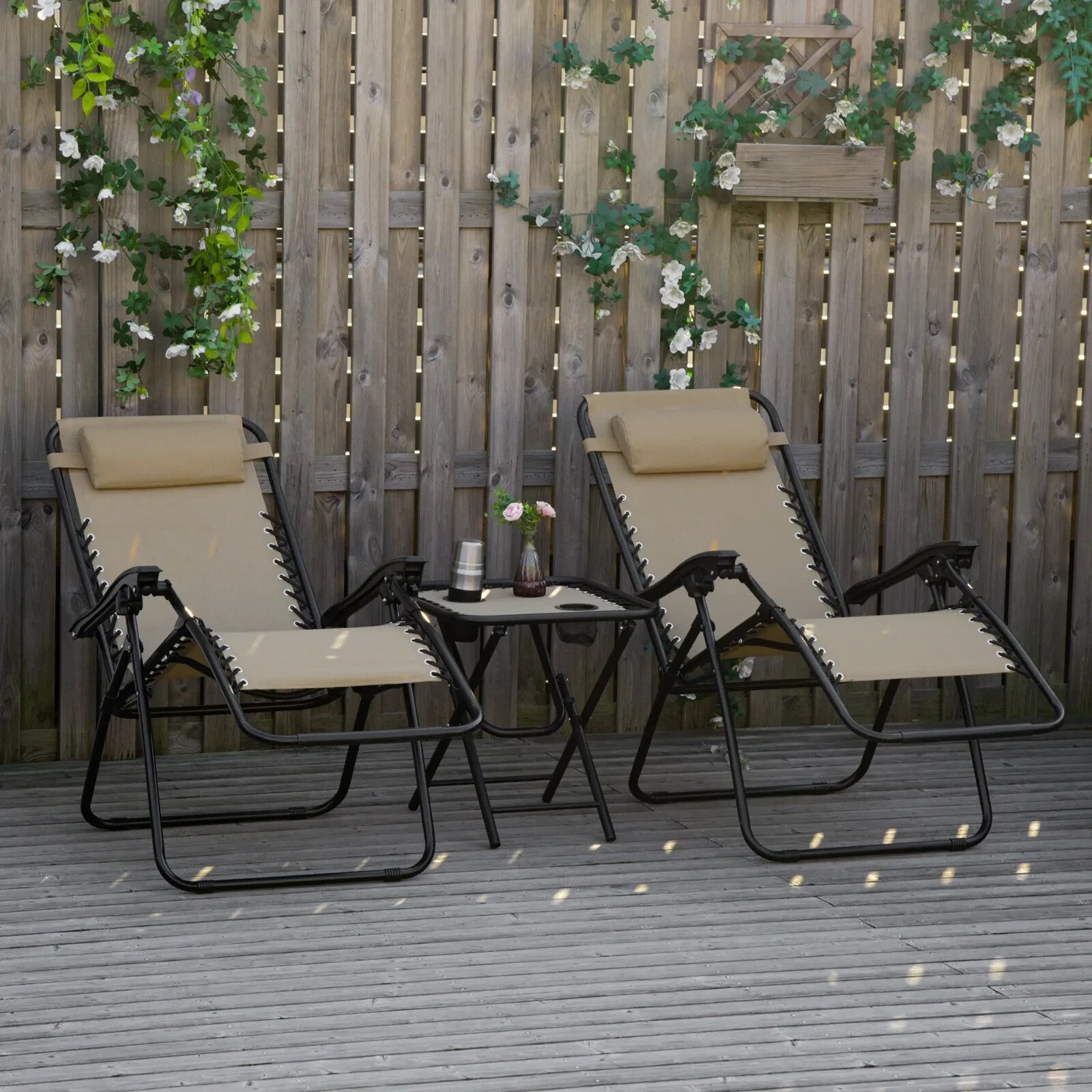3 Piece Zero Gravity Chair and Table Set with Cup Holders Sun Loungers Beige - Home and Garden Furniture Shop - rustic - furniture
