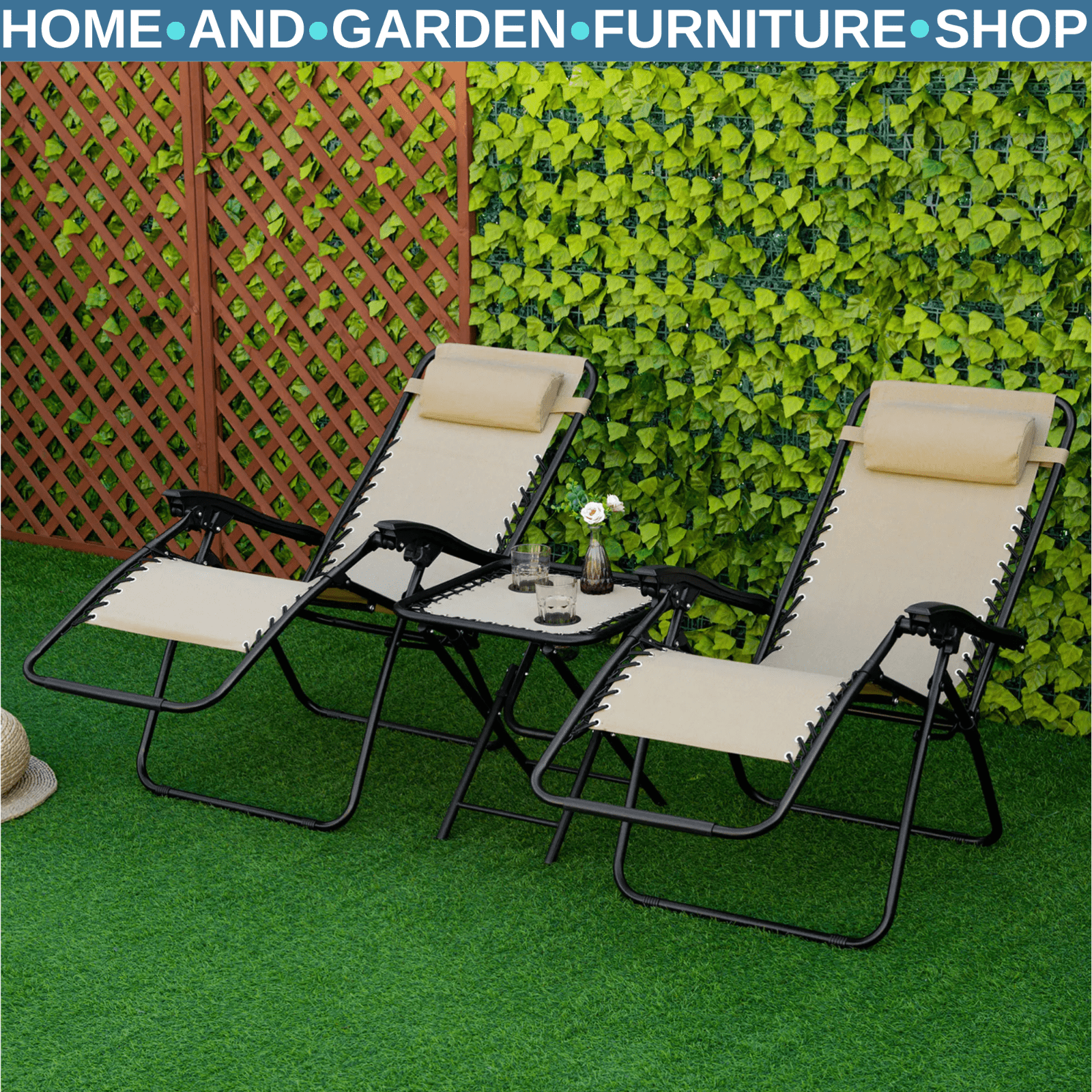 3 Piece Zero Gravity Chair and Table Set with Cup Holders Sun Loungers Beige - Home and Garden Furniture Shop - rustic - furniture