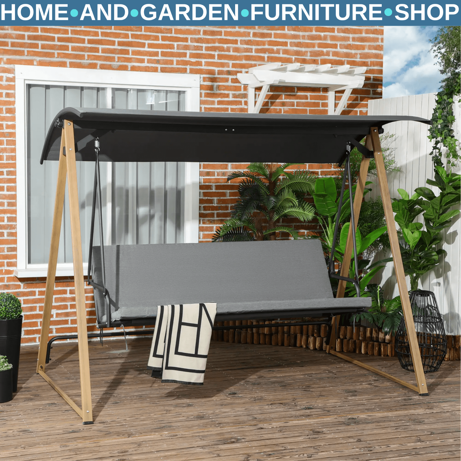 3 Seater Garden Swing Bench Adjustable Canopy Cushioned Seat Heavy Duty Swing - Home and Garden Furniture Shop - rustic - furniture