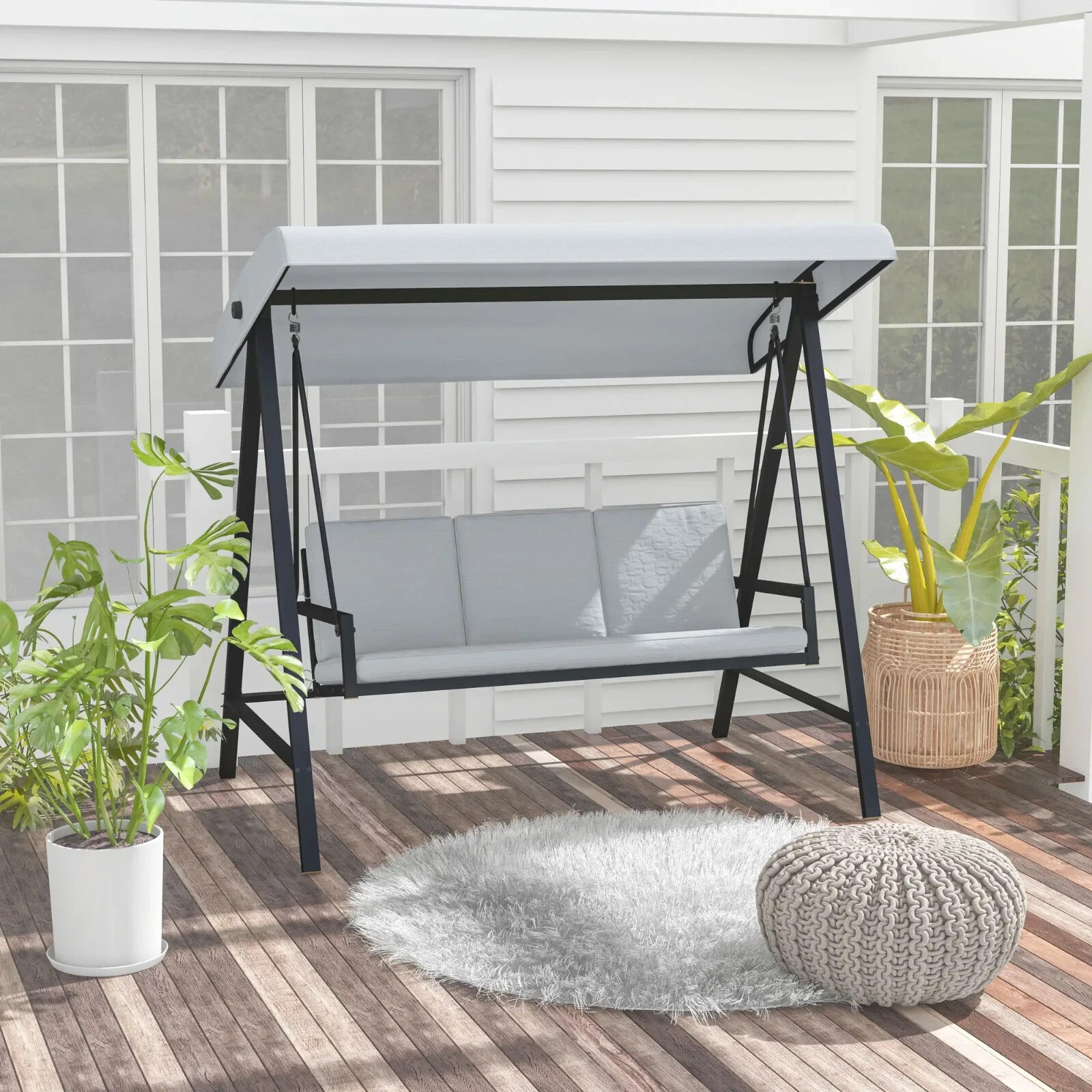 3 Seater Garden Swing Chair with Adjustable Canopy and Cushions Grey Patio Swing - Home and Garden Furniture Shop - rustic - furniture