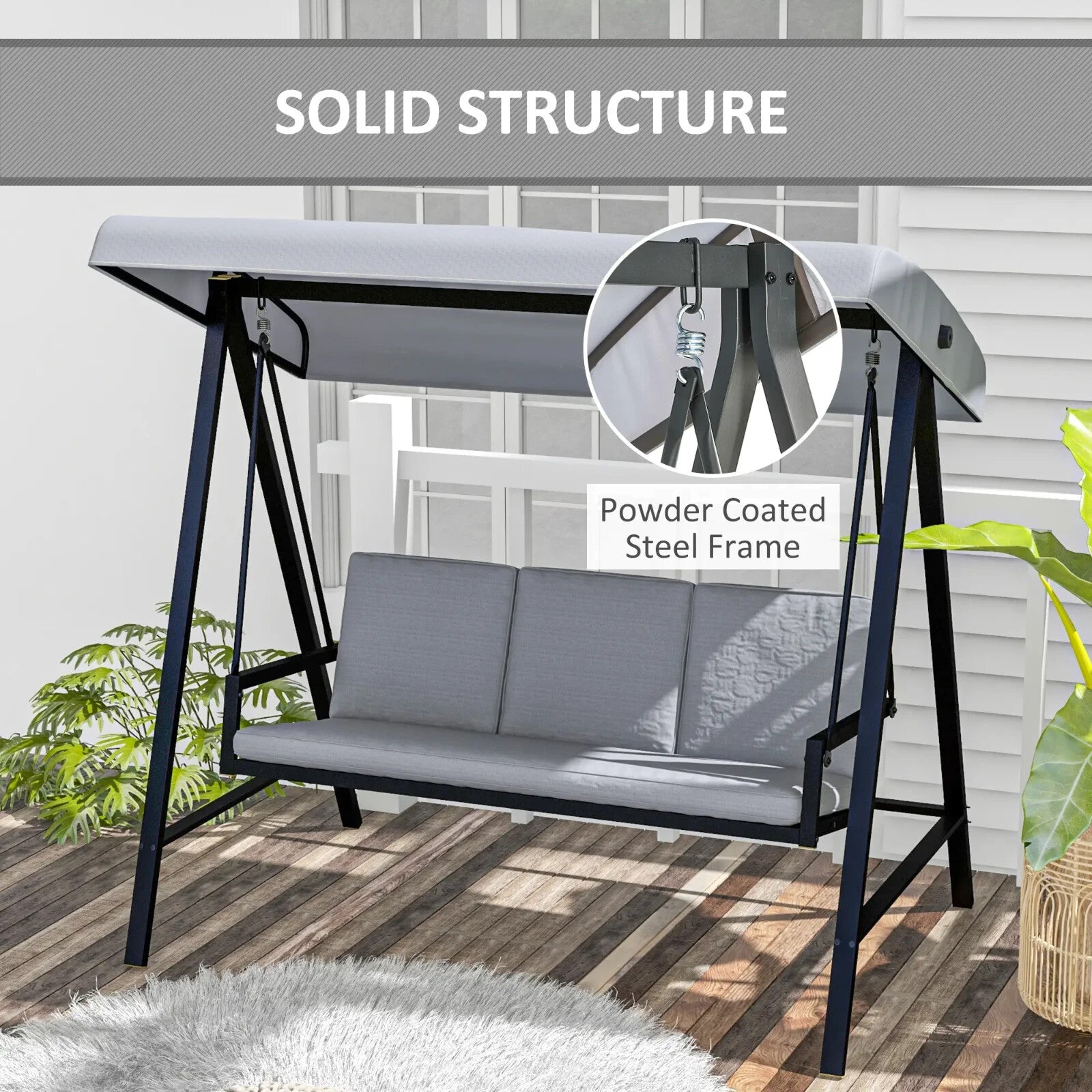 3 Seater Garden Swing Chair with Adjustable Canopy and Cushions Grey Patio Swing - Home and Garden Furniture Shop - rustic - furniture