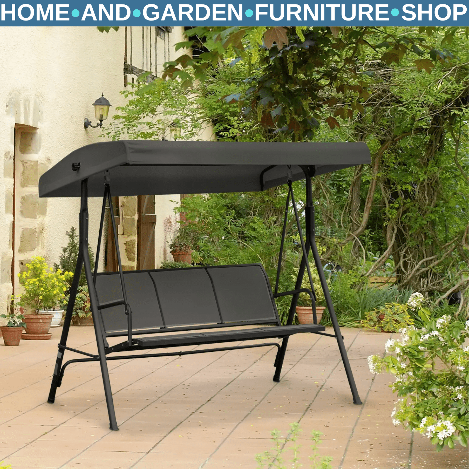3 Seater Garden Swing Chair with Canopy Patio Swing Outdoor Sun Shade Seat Black - Home and Garden Furniture Shop - rustic - furniture