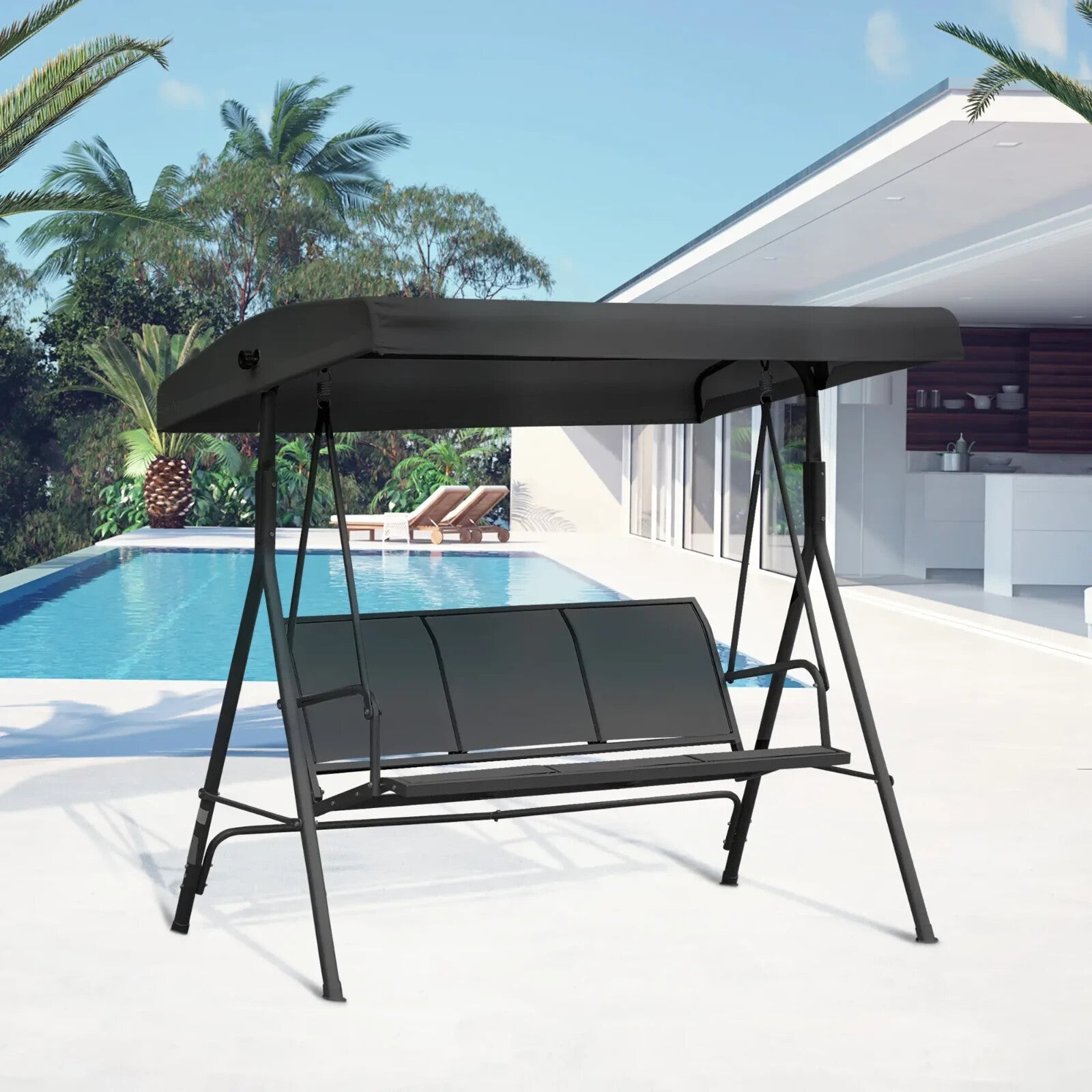 3 Seater Garden Swing Chair with Canopy Patio Swing Outdoor Sun Shade Seat Black - Home and Garden Furniture Shop - rustic - furniture