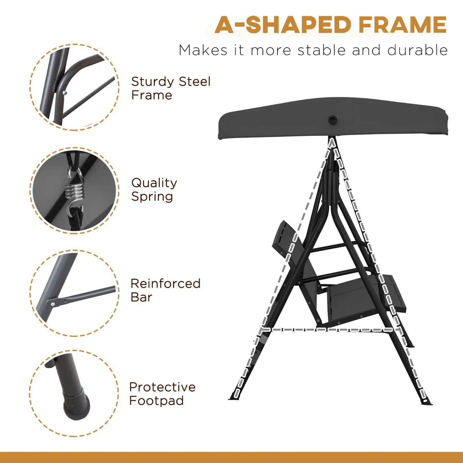 3 Seater Garden Swing Chair with Canopy Patio Swing Outdoor Sun Shade Seat Black - Home and Garden Furniture Shop - rustic - furniture