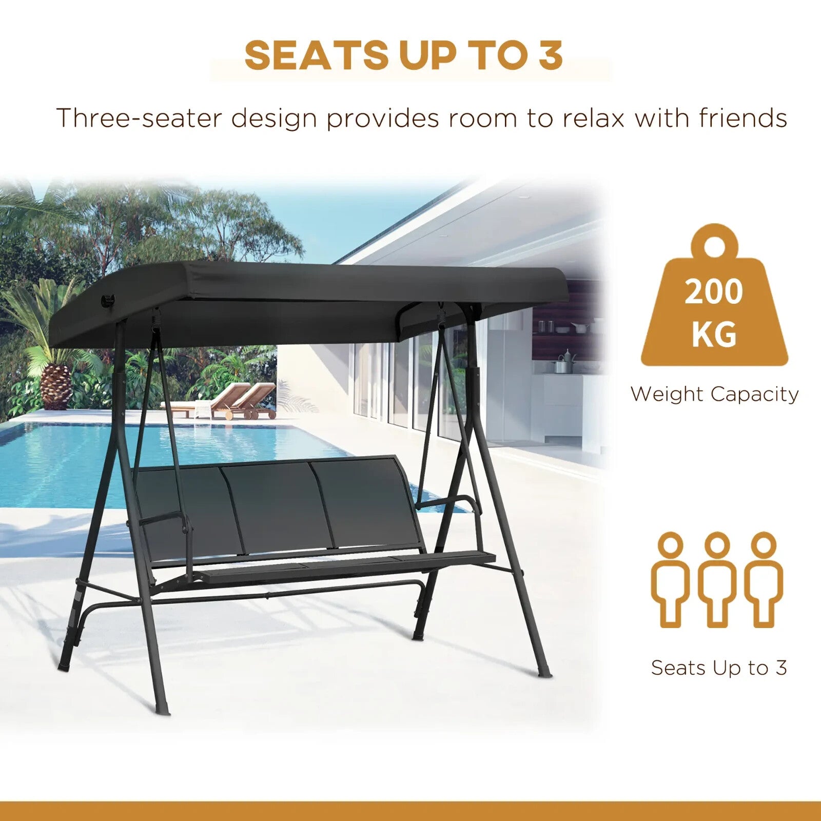 3 Seater Garden Swing Chair with Canopy Patio Swing Outdoor Sun Shade Seat Black - Home and Garden Furniture Shop - rustic - furniture