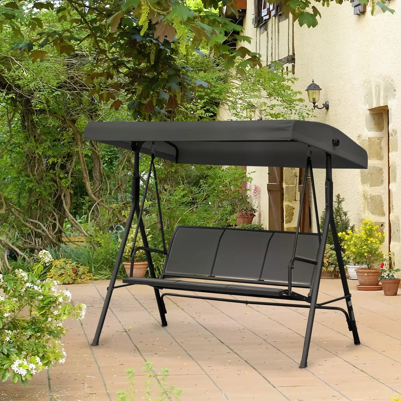 3 Seater Garden Swing Chair with Canopy Patio Swing Outdoor Sun Shade Seat Black - Home and Garden Furniture Shop - rustic - furniture