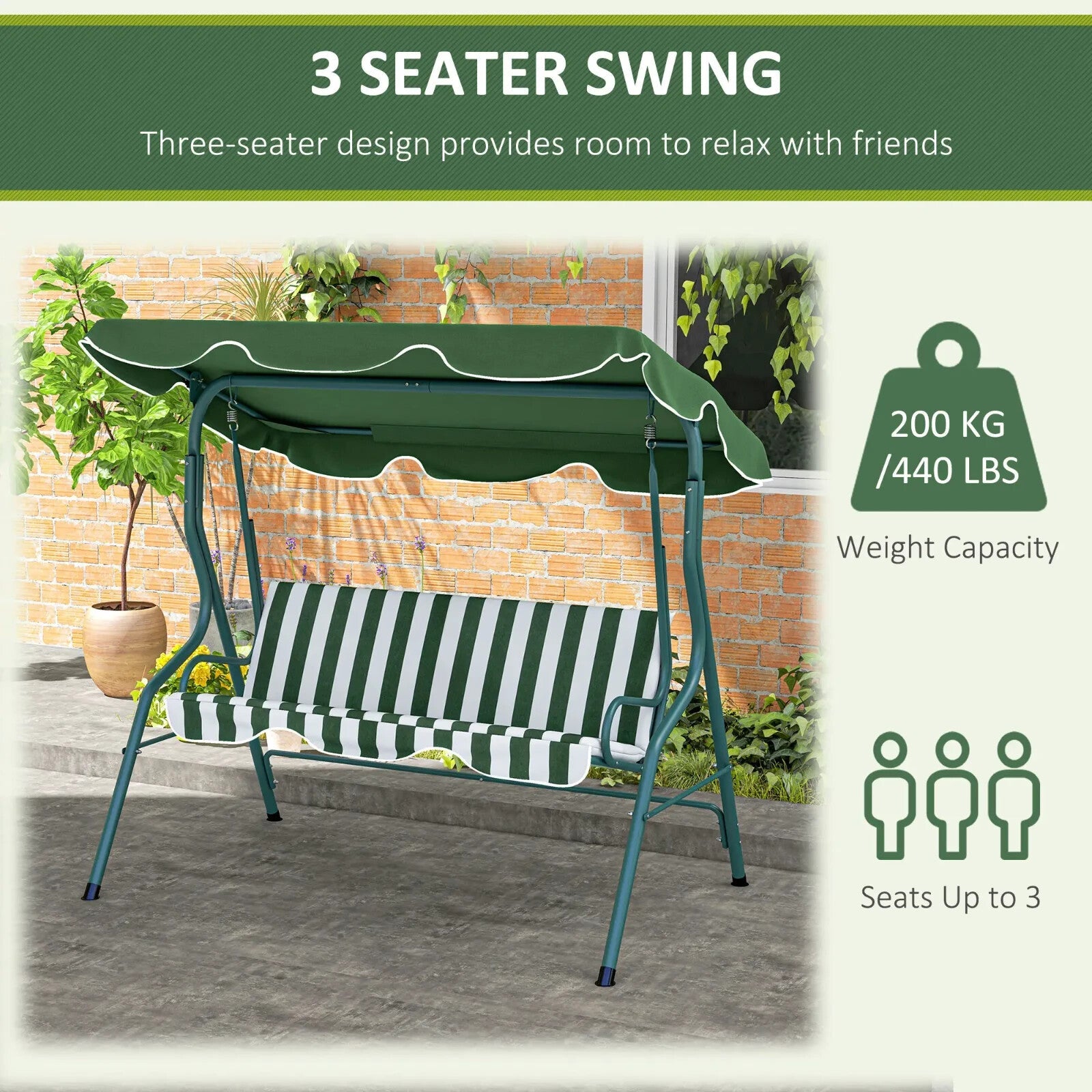 3 Seater Garden Swing Seat Chair w/Adjustable Canopy & Metal Frame Outdoor Bench - Home and Garden Furniture Shop - rustic - furniture