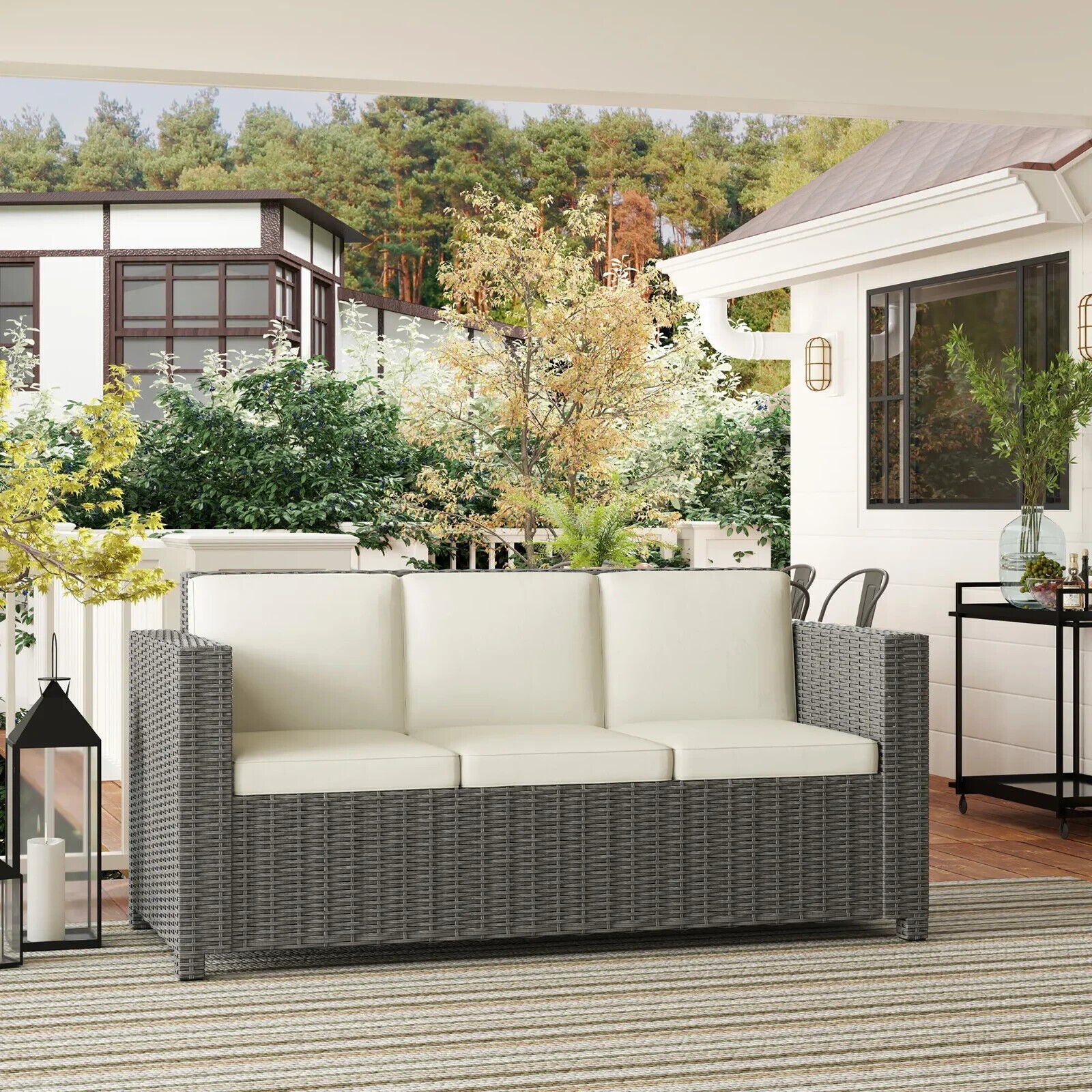 3 Seater Rattan Garden Sofa All Weather Wicker Chair with Cushions Metal Frame - Home and Garden Furniture Shop - #rustic - furniture#