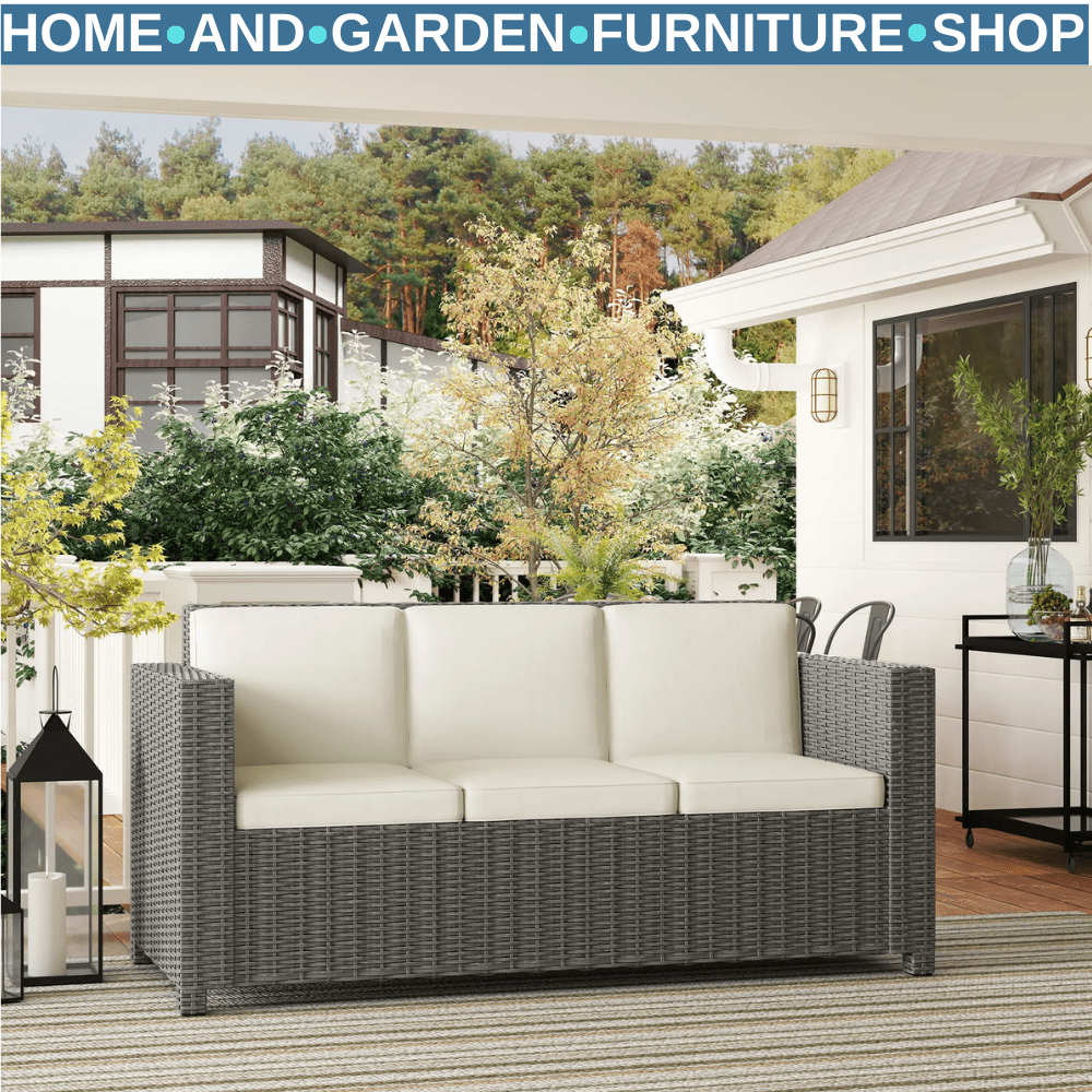 3 Seater Rattan Garden Sofa All Weather Wicker Chair with Cushions Metal Frame - Home and Garden Furniture Shop - #rustic - furniture#
