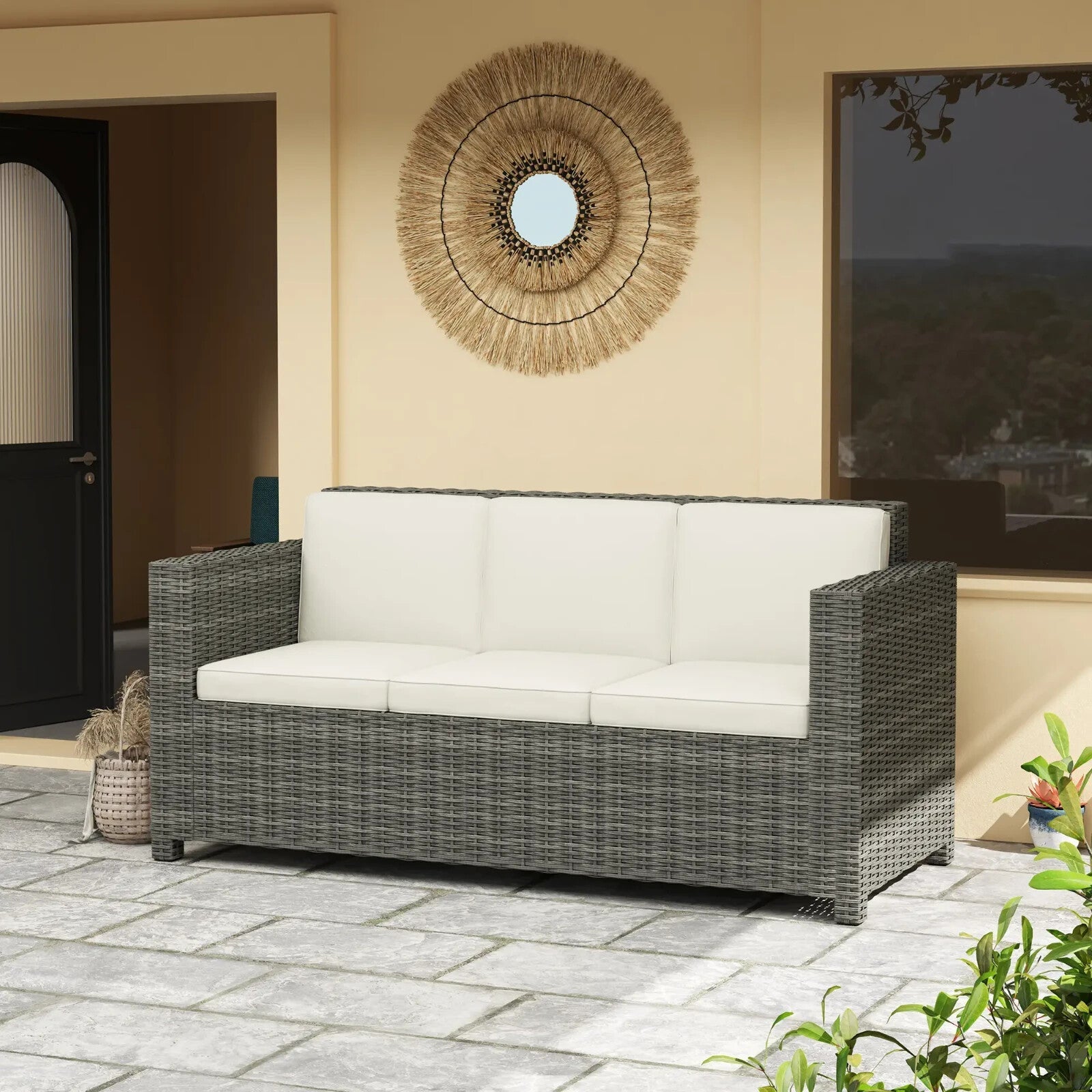 3 Seater Rattan Sofa Wicker Garden Chair W/ Fire Resistant Cushion & Metal Frame - Home and Garden Furniture Shop - rustic - furniture