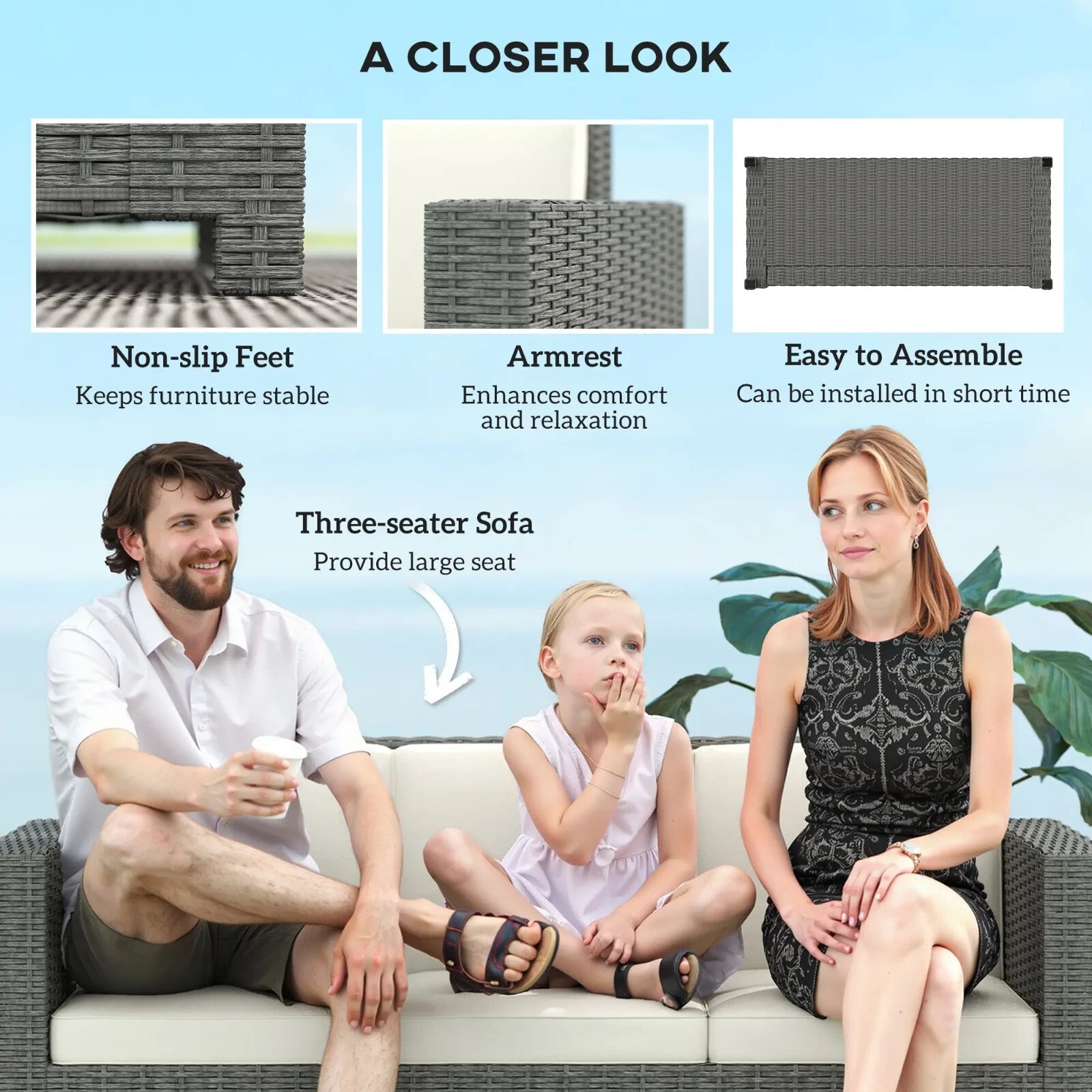 3 Seater Rattan Sofa Wicker Garden Chair W/ Fire Resistant Cushion & Metal Frame - Home and Garden Furniture Shop - rustic - furniture