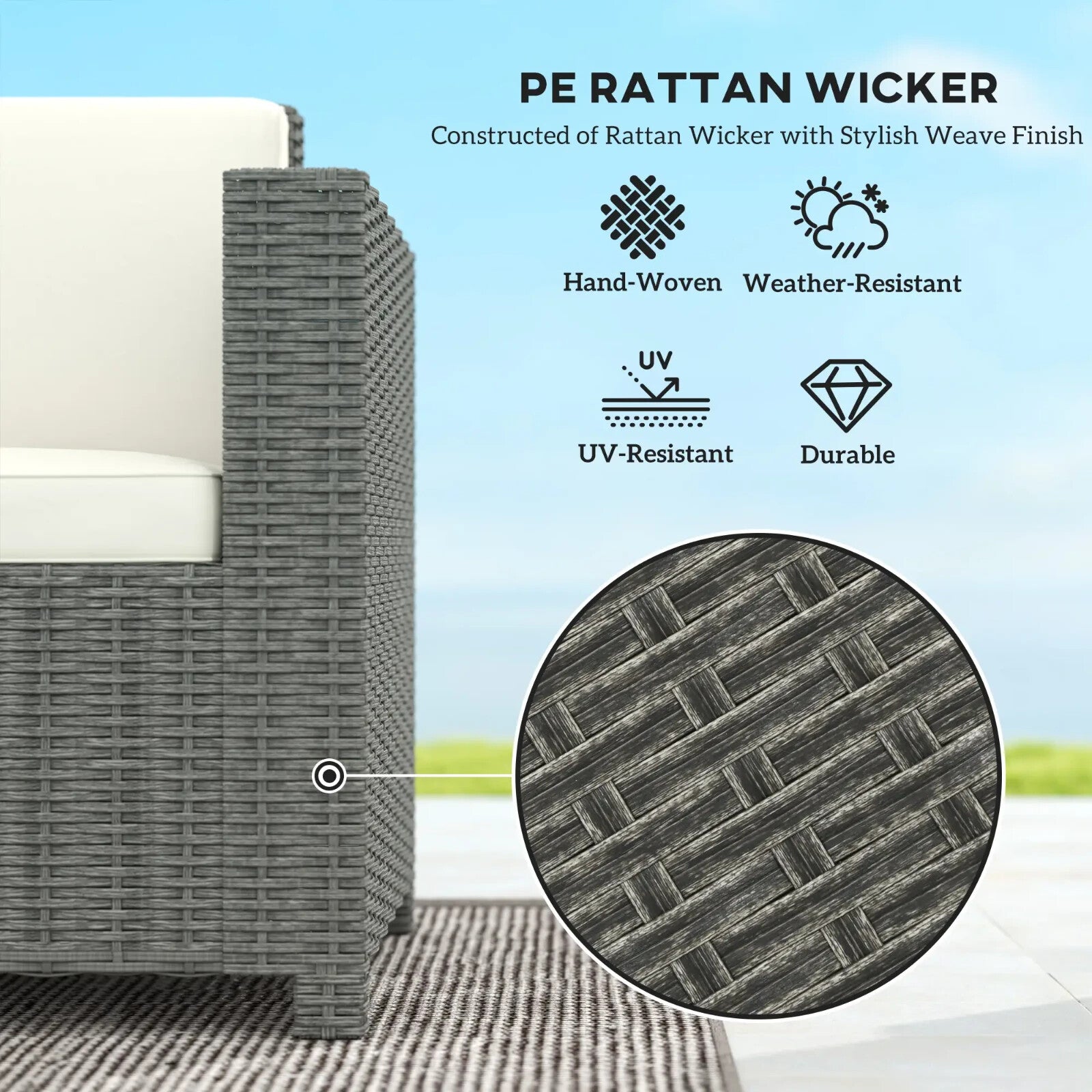 3 Seater Rattan Sofa Wicker Garden Chair W/ Fire Resistant Cushion & Metal Frame - Home and Garden Furniture Shop - rustic - furniture