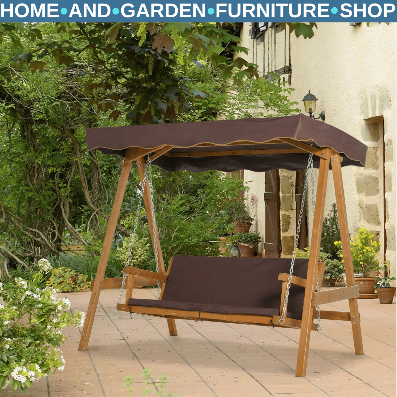3 Seater Swing Chair with Cushions and Adjustable Canopy for Garden or Patio - Home and Garden Furniture Shop - rustic - furniture