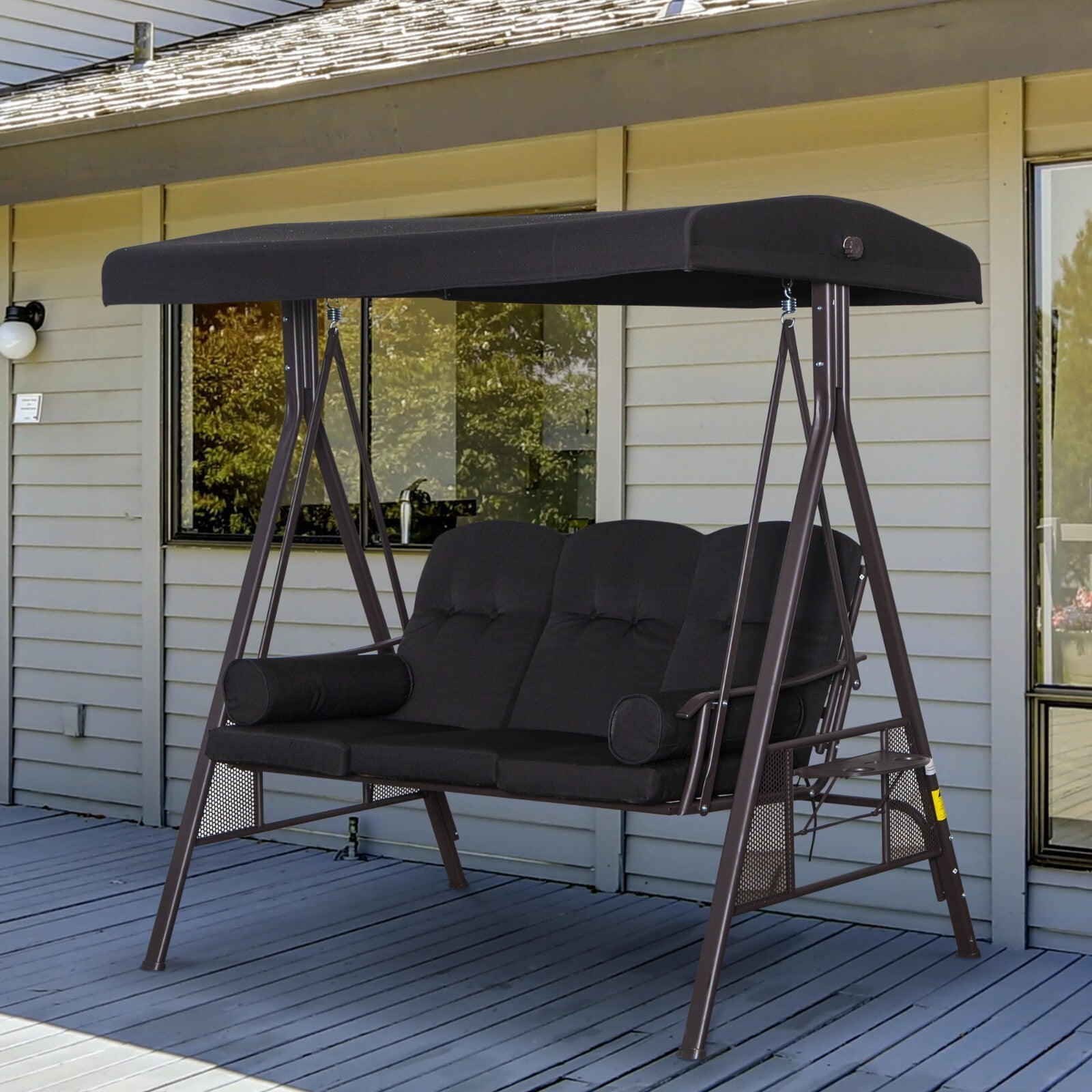 3 Seater Swing Hammock Chair Canopy and Cushions Garden Patio Bench Black - Home and Garden Furniture Shop - rustic - furniture