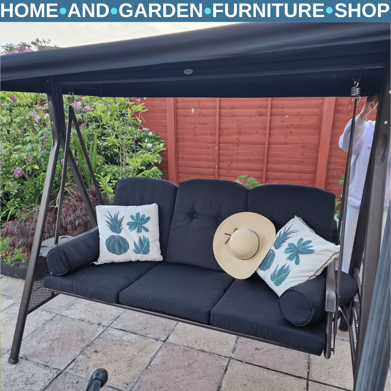 3 Seater Swing Hammock Chair Canopy and Cushions Garden Patio Bench Black - Home and Garden Furniture Shop - rustic - furniture