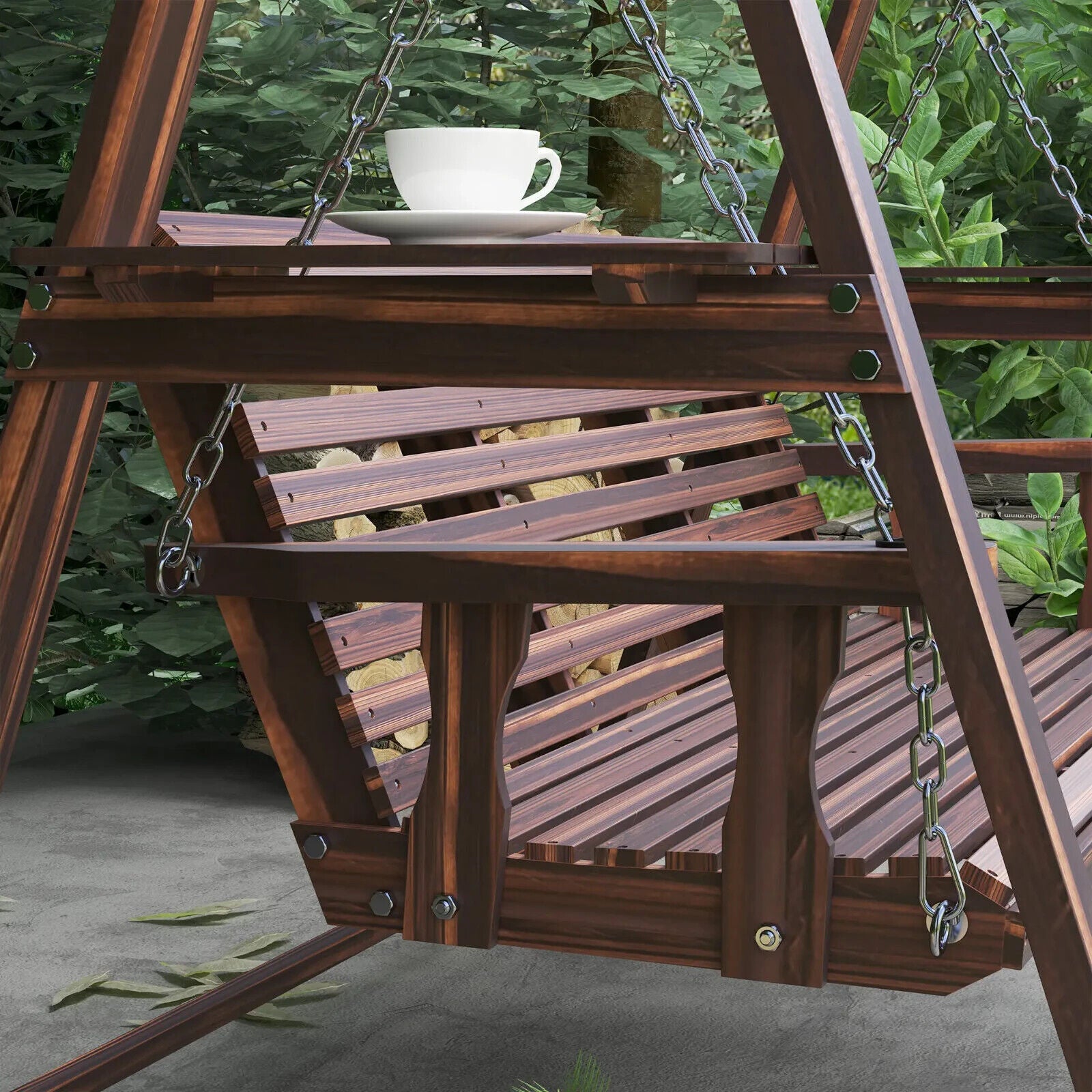 3 Seater Wooden Garden Swing Chair Bench w/ Side Tables & Chains for Patio Porch - Home and Garden Furniture Shop - #rustic - furniture#