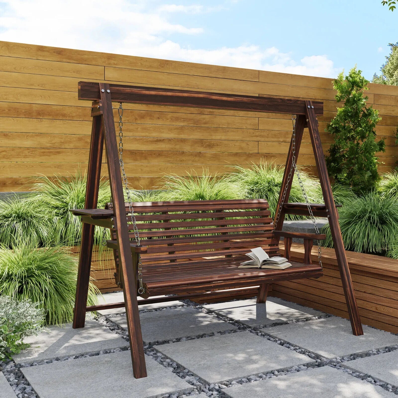 3 Seater Wooden Garden Swing Chair Bench w/ Side Tables & Chains for Patio Porch - Home and Garden Furniture Shop - #rustic - furniture#