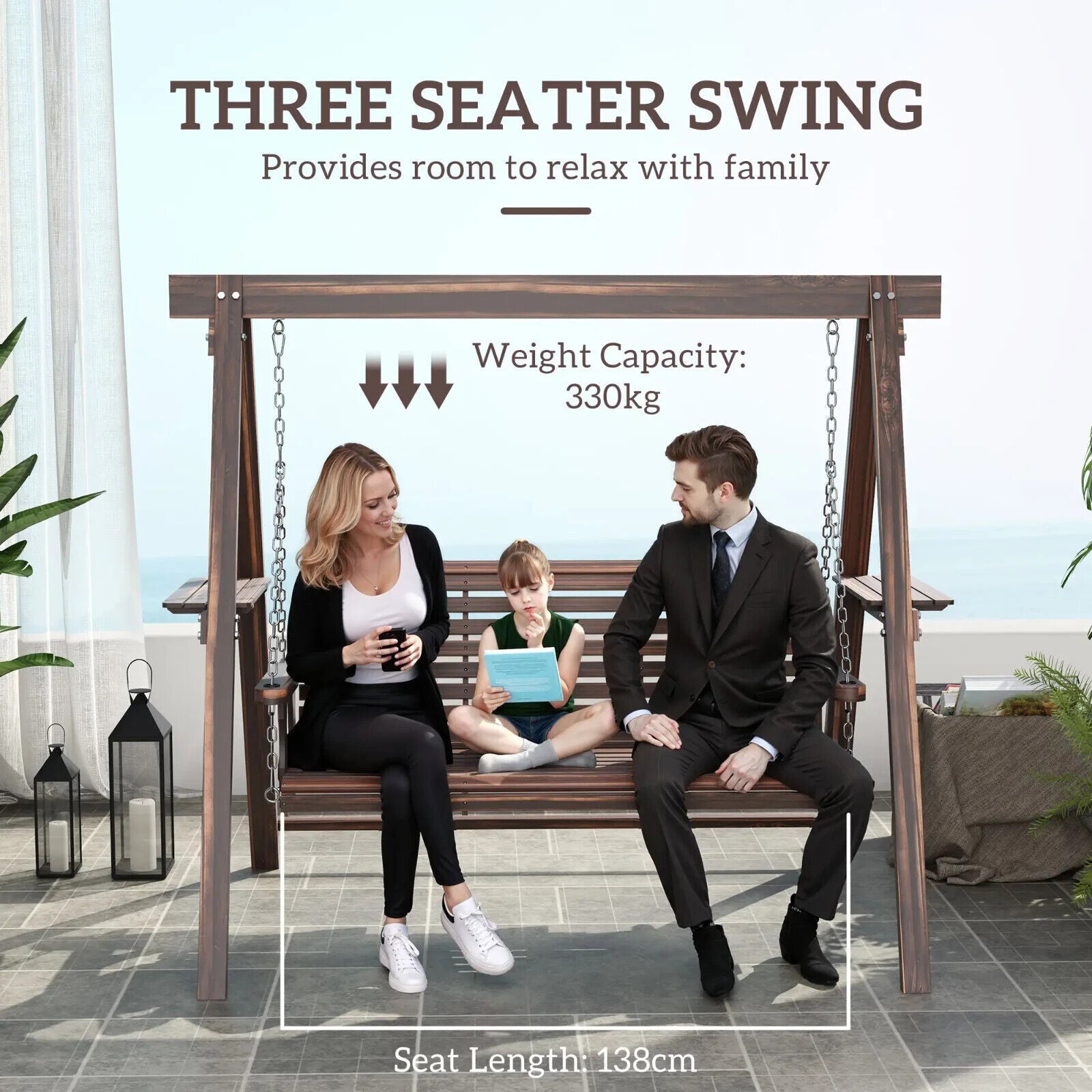 3 Seater Wooden Garden Swing Chair Bench w/ Side Tables & Chains for Patio Porch - Home and Garden Furniture Shop - #rustic - furniture#