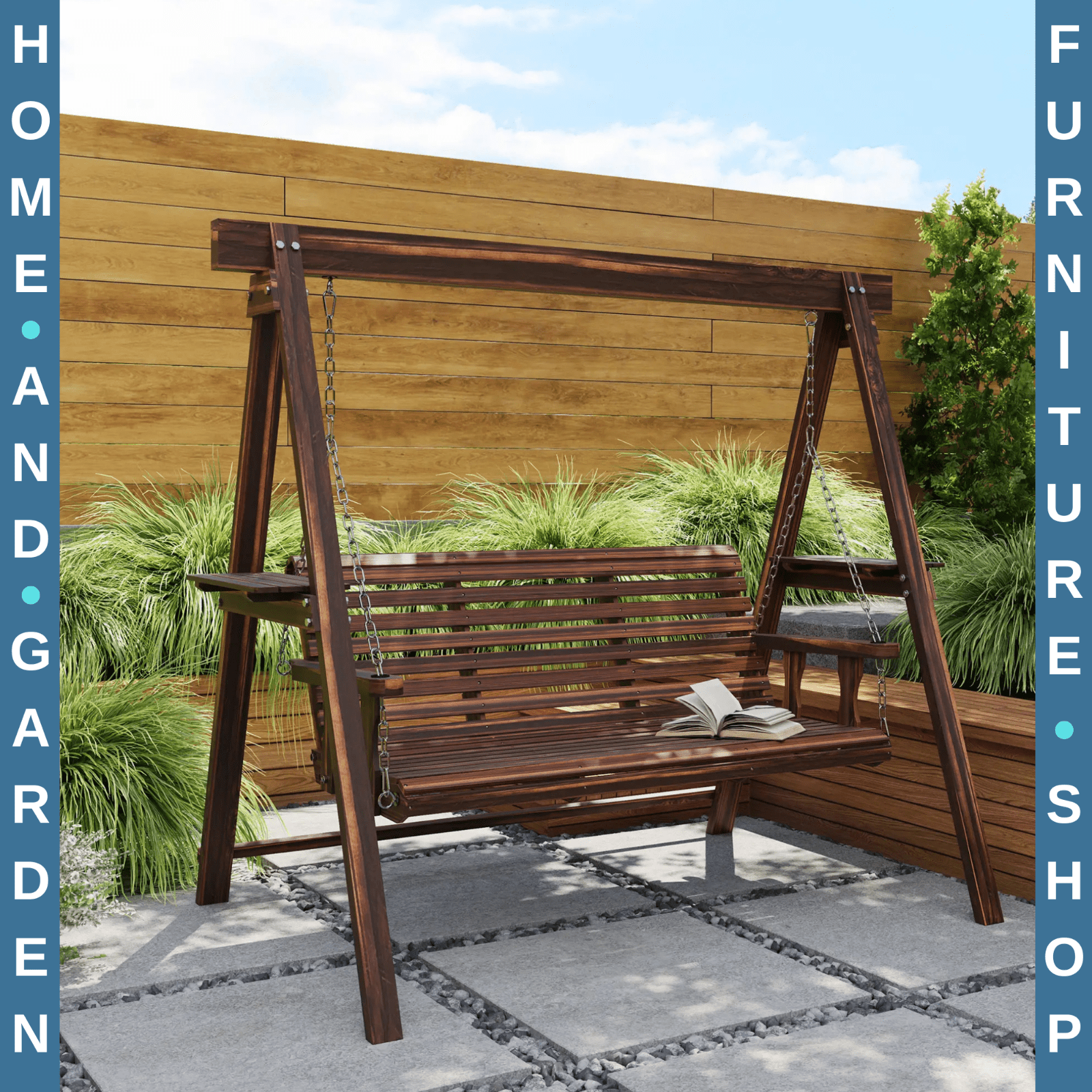 3 Seater Wooden Garden Swing Chair Bench w/ Side Tables & Chains for Patio Porch - Home and Garden Furniture Shop - #rustic - furniture#