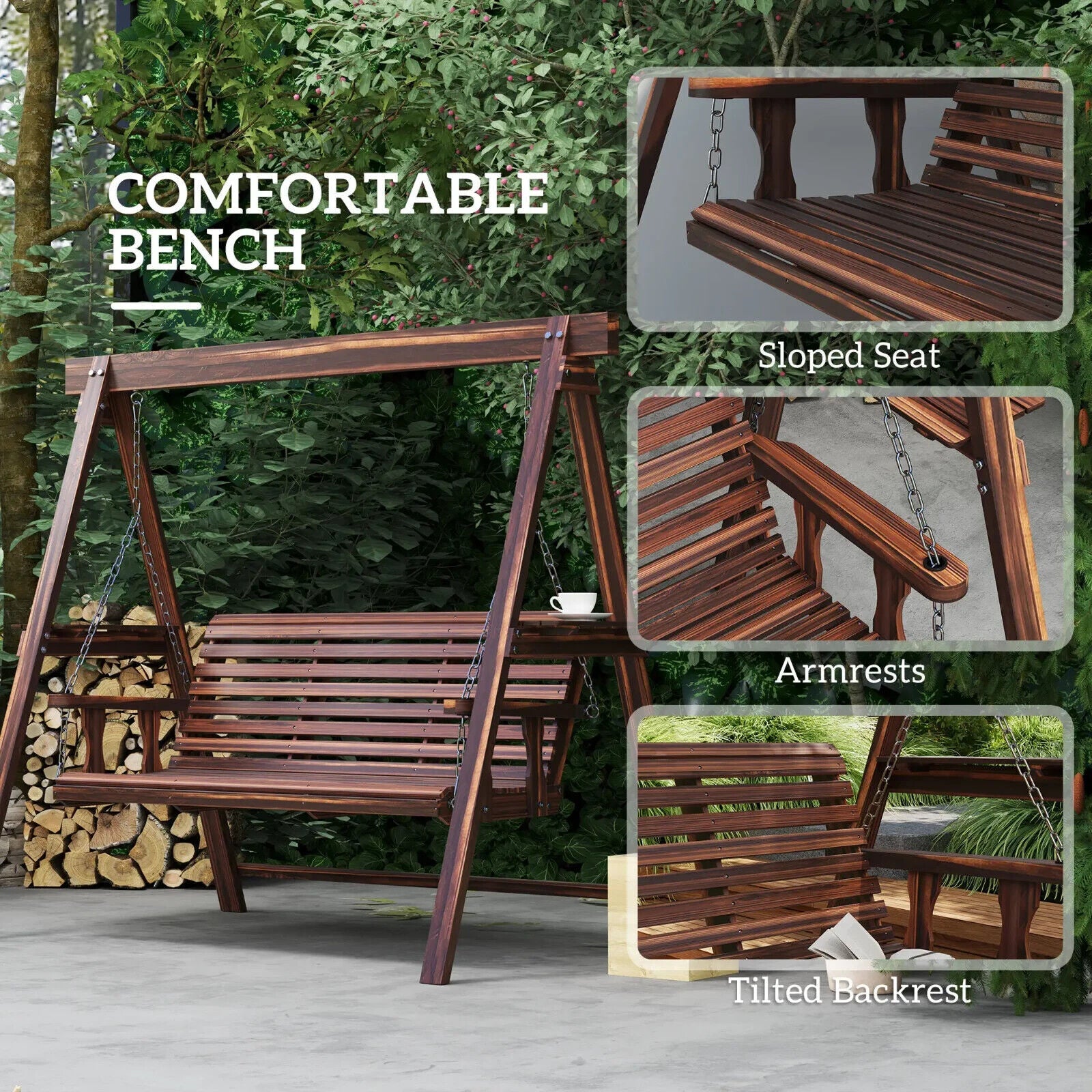 3 Seater Wooden Garden Swing Chair Bench w/ Side Tables & Chains for Patio Porch - Home and Garden Furniture Shop - #rustic - furniture#