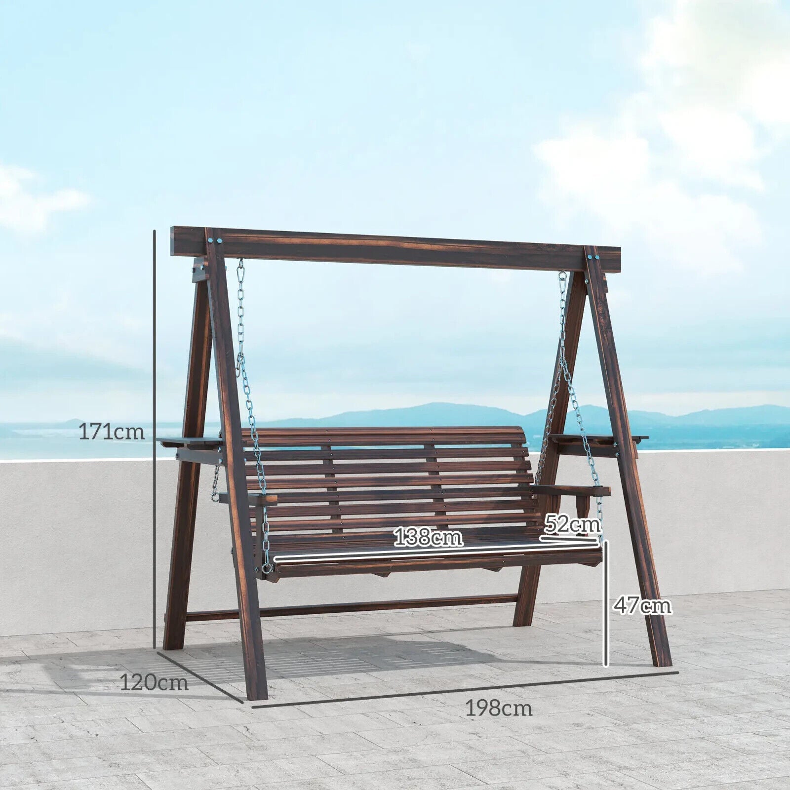 3 Seater Wooden Garden Swing Chair Bench w/ Side Tables & Chains for Patio Porch - Home and Garden Furniture Shop - #rustic - furniture#