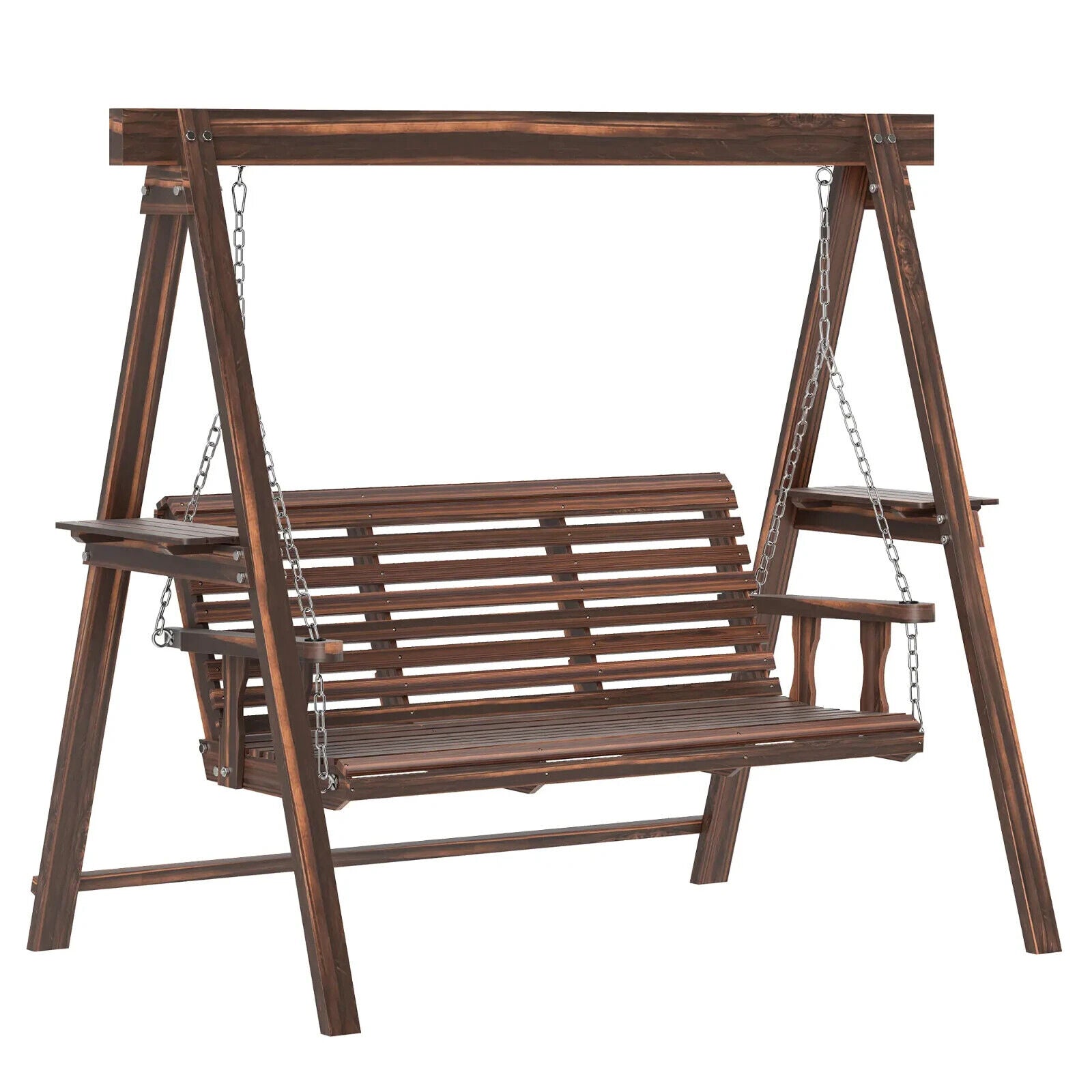 3 Seater Wooden Garden Swing Chair Bench w/ Side Tables & Chains for Patio Porch - Home and Garden Furniture Shop - #rustic - furniture#