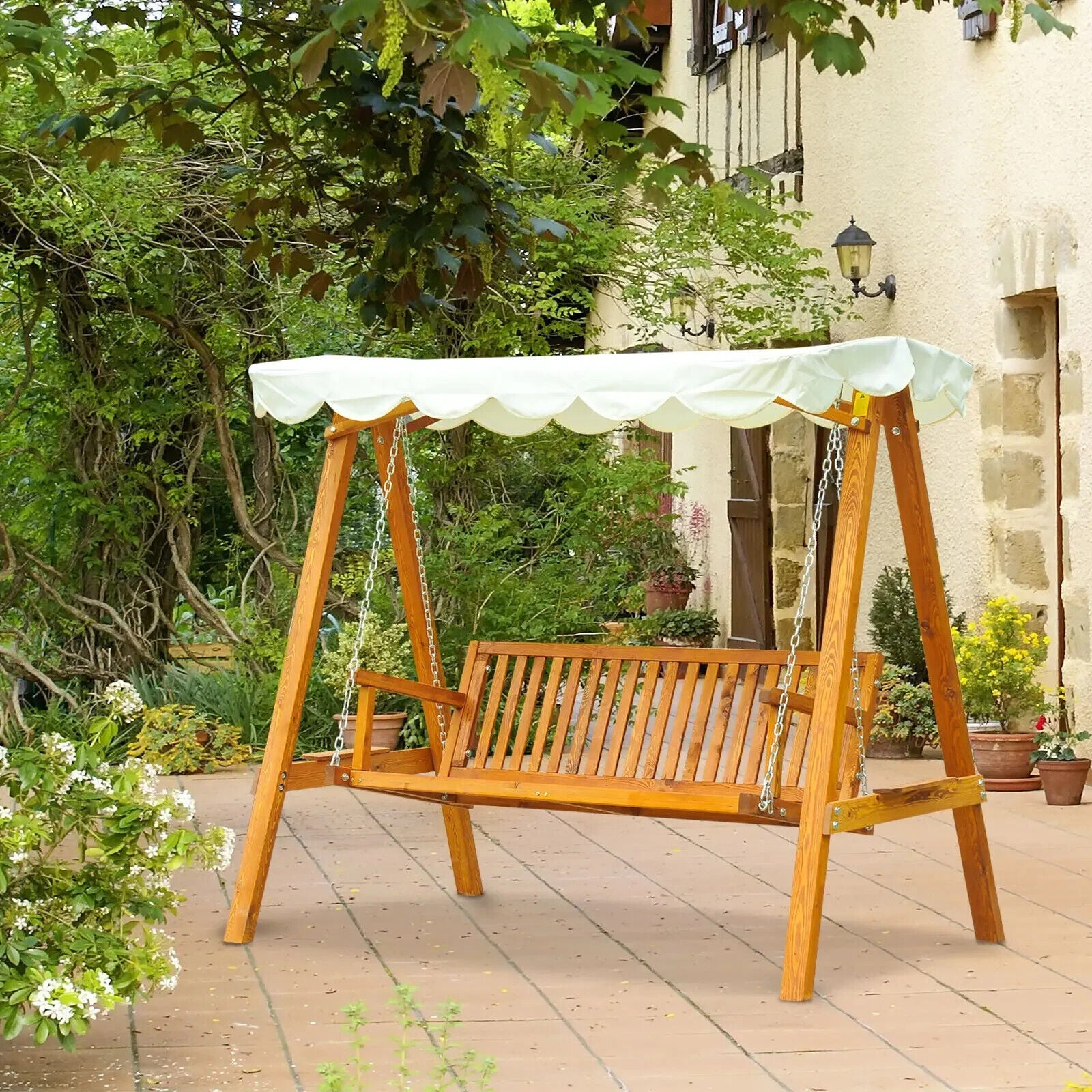 3 Seater Wooden Garden Swing Chair Seat Patio Swing Bench Hammock Bed Sun Canopy - Home and Garden Furniture Shop - #rustic - furniture#