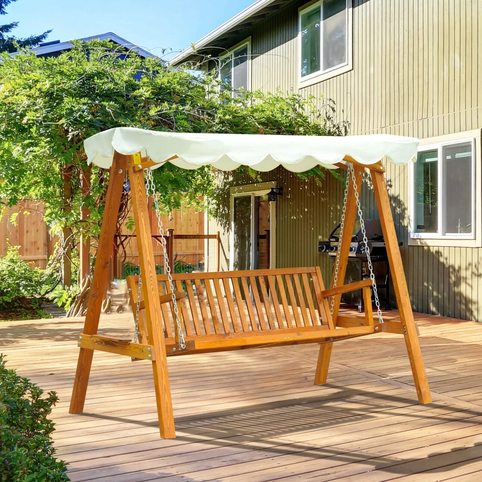 3 Seater Wooden Garden Swing Chair Seat Patio Swing Bench Hammock Bed Sun Canopy - Home and Garden Furniture Shop - #rustic - furniture#