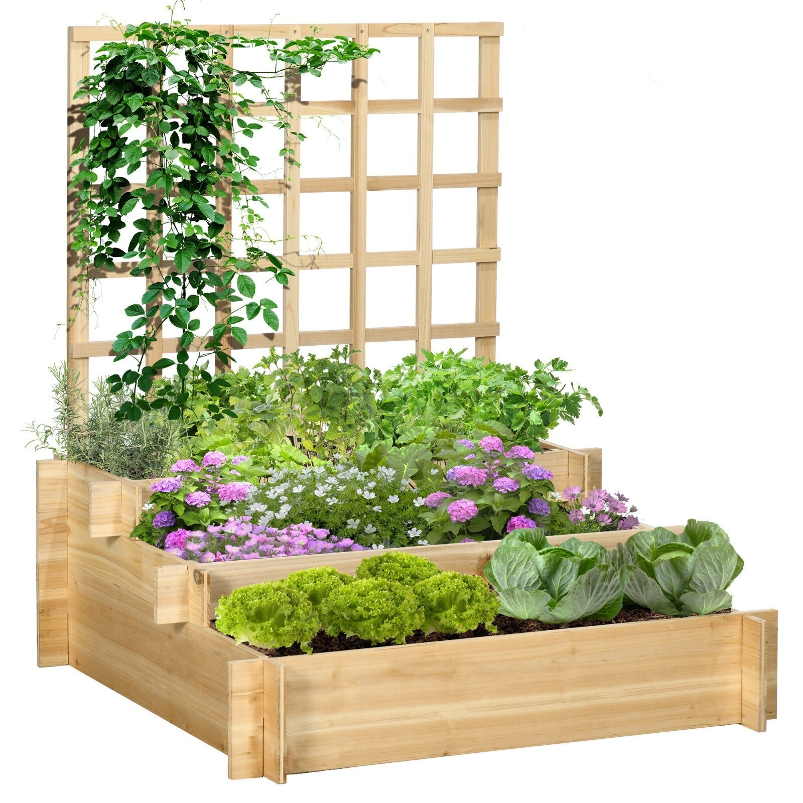3 Tier Garden Planters w/ Trellis Wood Raised Beds for Vine Climbing 95x95x110cm - Home and Garden Furniture Shop - rustic - furniture